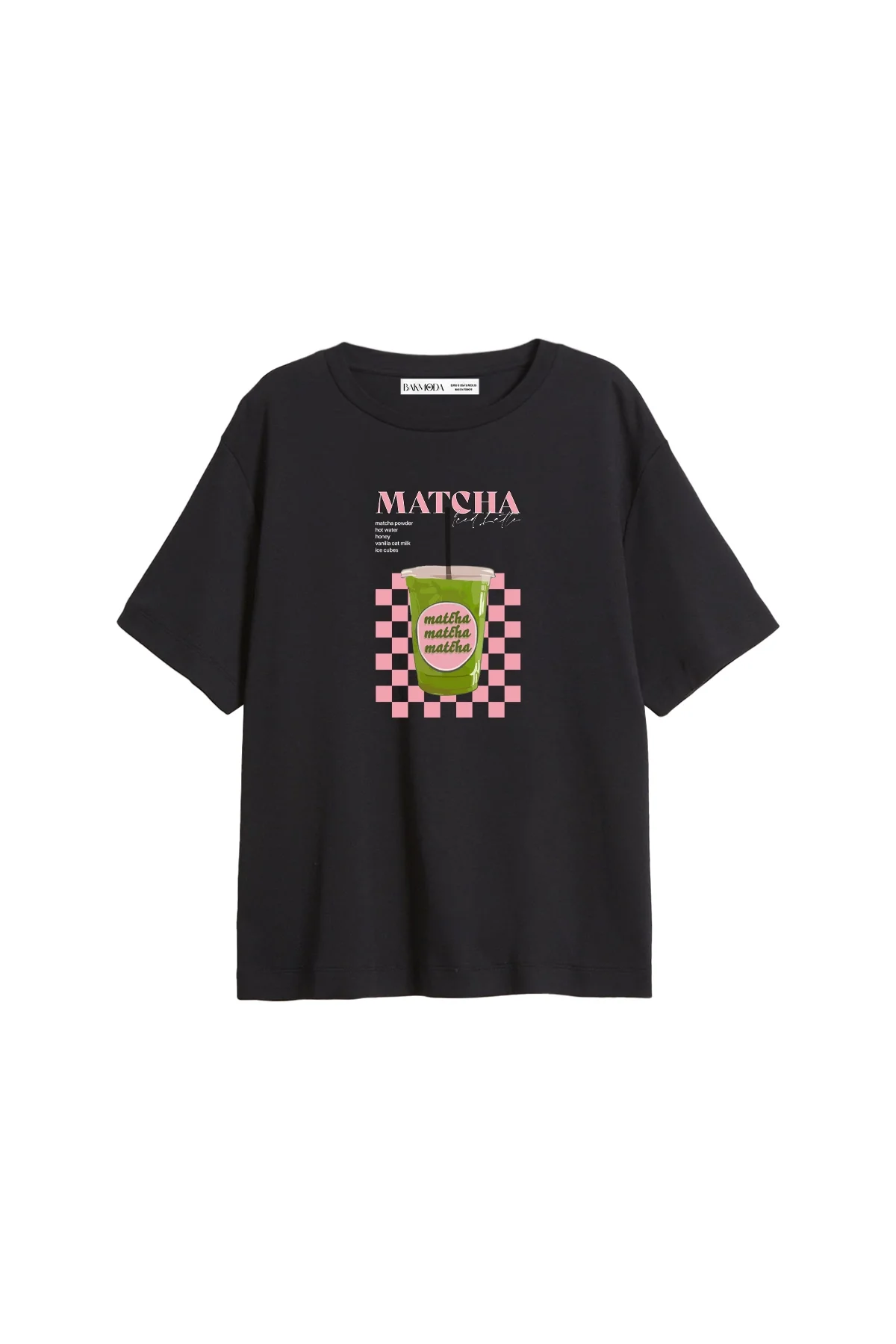 Matcha Iced Latte Baskılı Relaxed Fit Siyah Kadın Tshirt