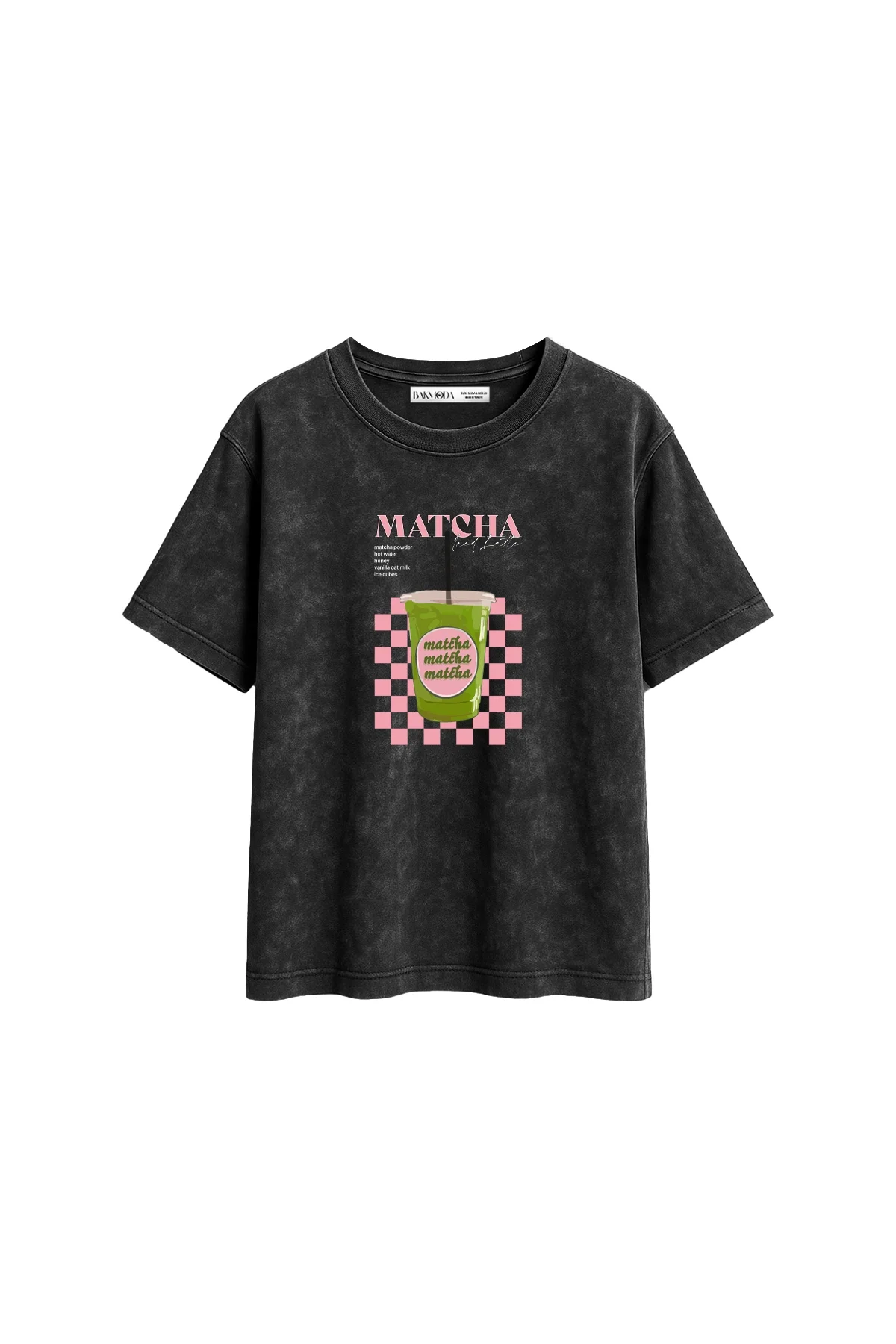 Matcha Iced Latte Baskılı Relaxed Fit Yıkamalı Siyah Kadın Tshirt