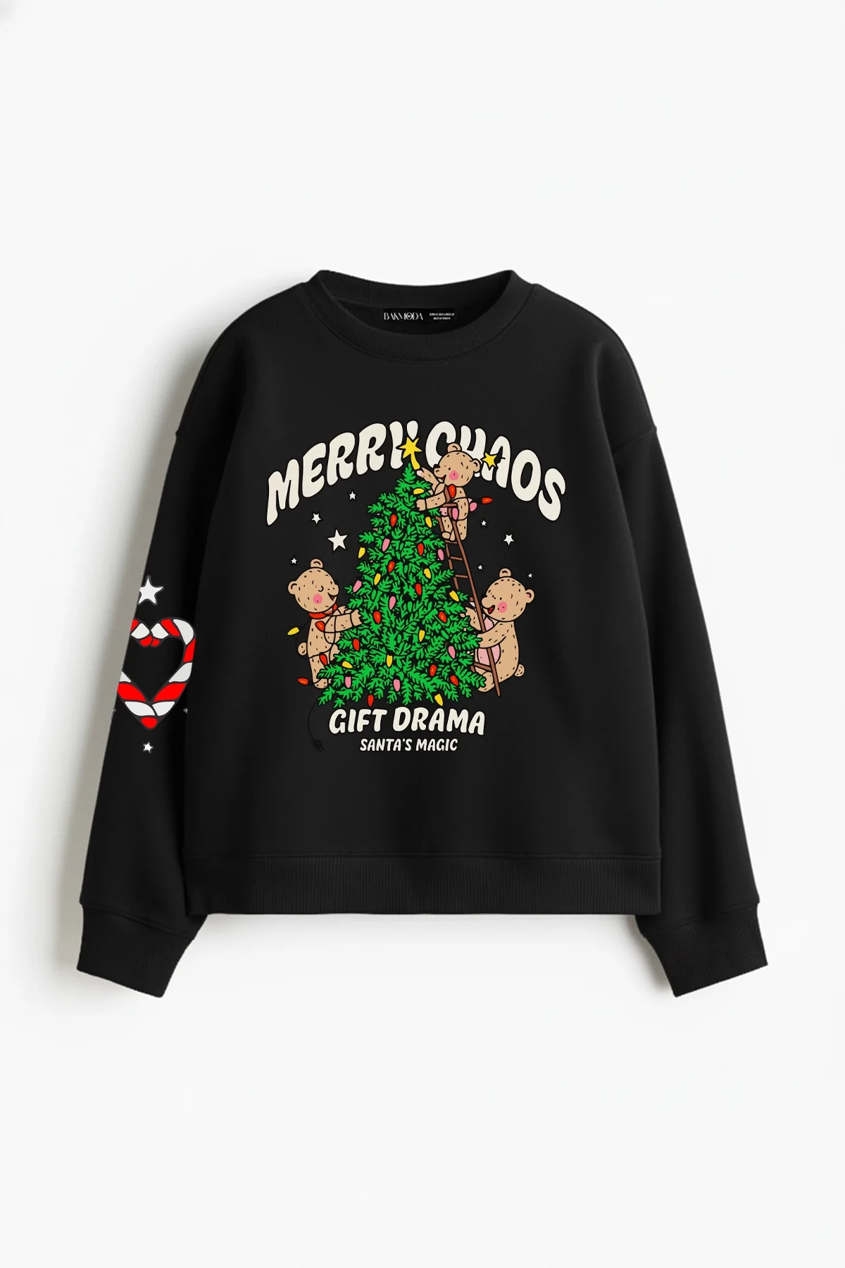Merry Chaos Baskılı Kapüşonsuz Relaxed Fit Kadın Siyah Sweatshirt