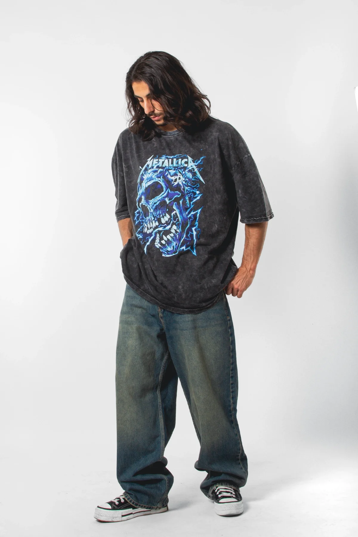 Metallica Blue Skull Baskılı Oversize 24/1 Premium Yıkamalı Siyah Tshirt