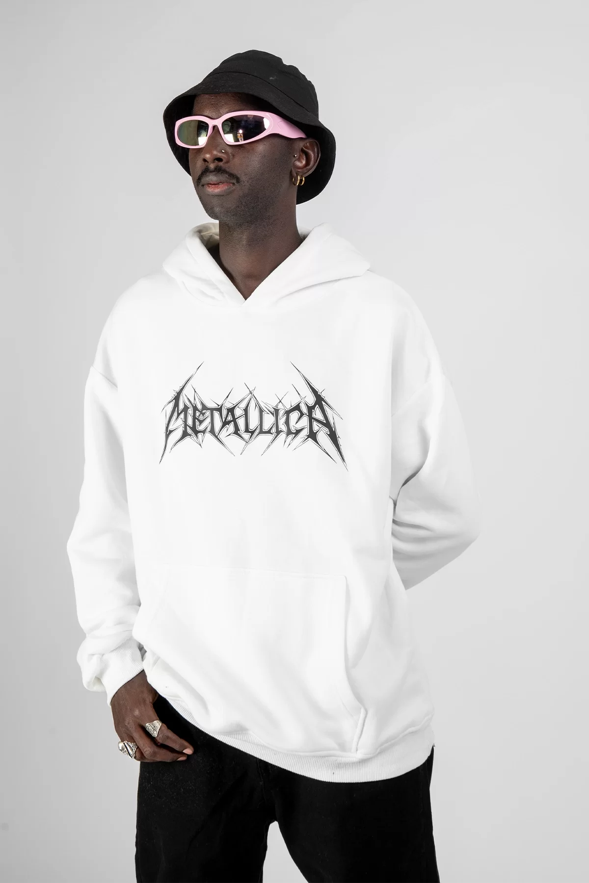 Metallica Logo Baskılı Oversize Unisex Beyaz Hoodie