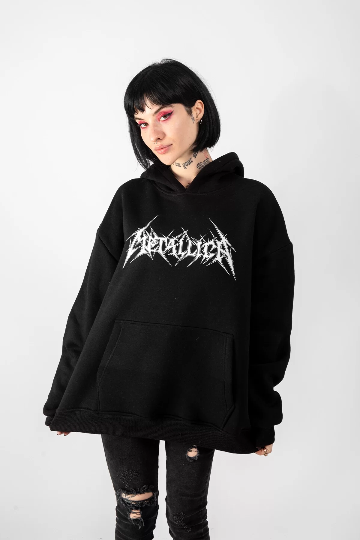 Metallica Logo Baskılı Oversize Unisex Siyah Hoodie