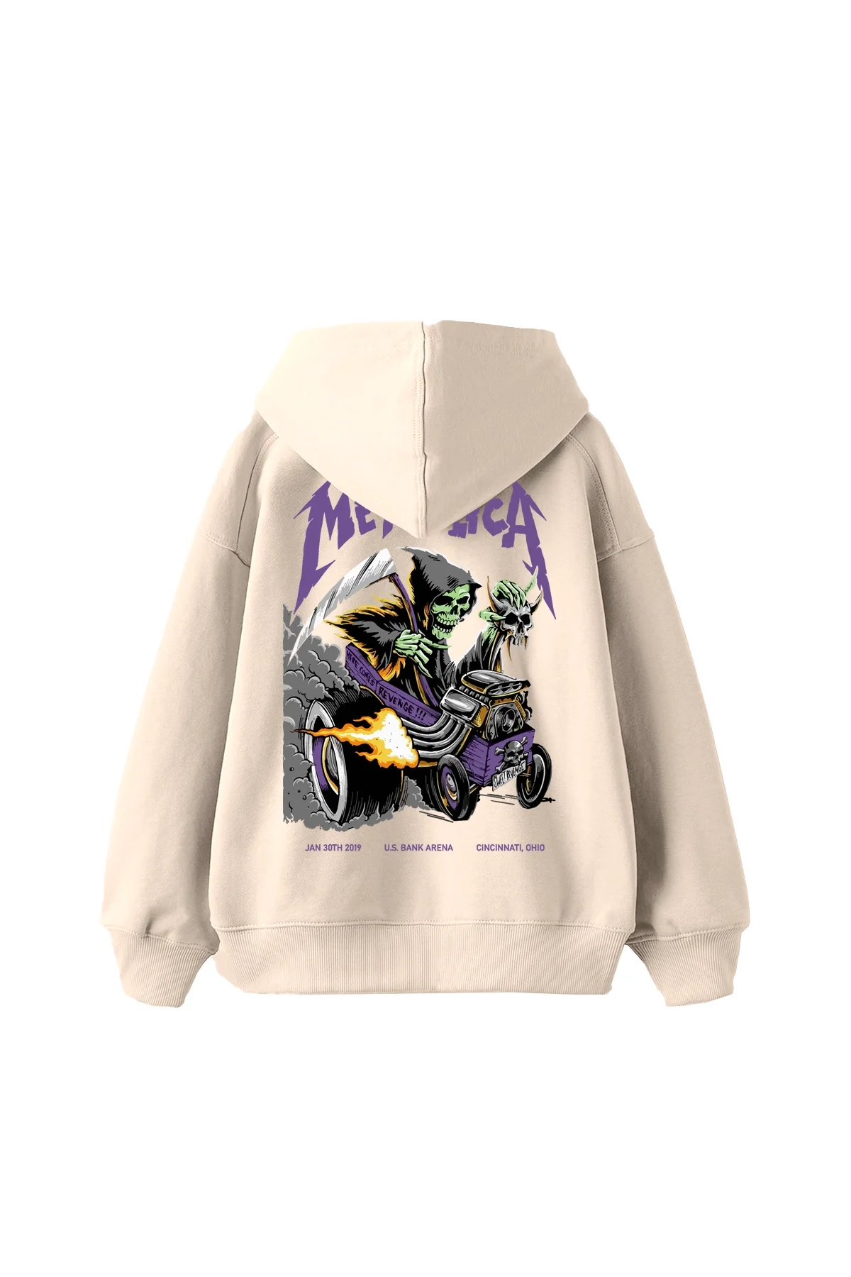 Metallica Mor Sırt Baskılı Bej Oversize Kapüşonlu Hoodie