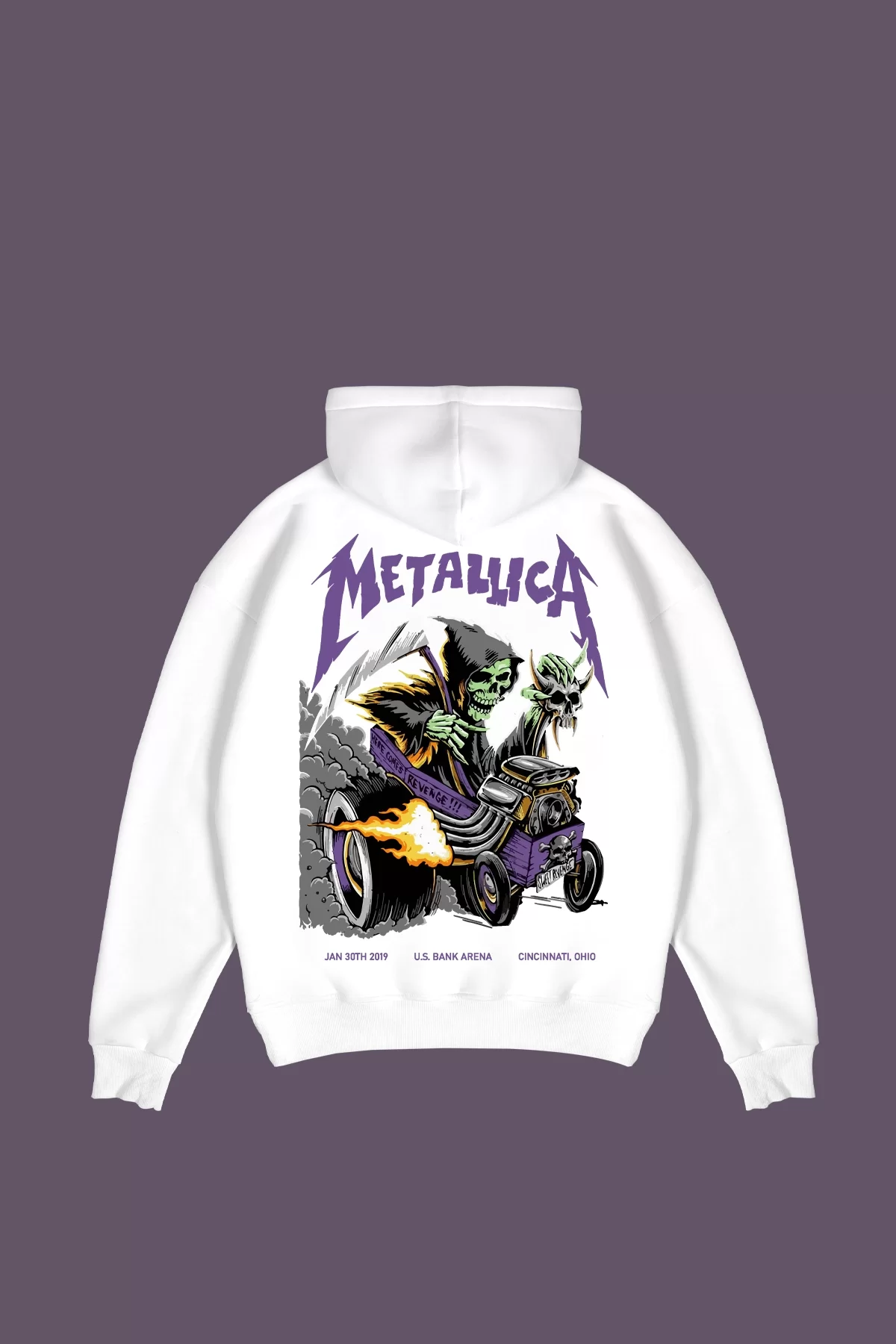 Metallica Mor Sırt Baskılı Beyaz Oversize Kapüşonlu Sweatshirt