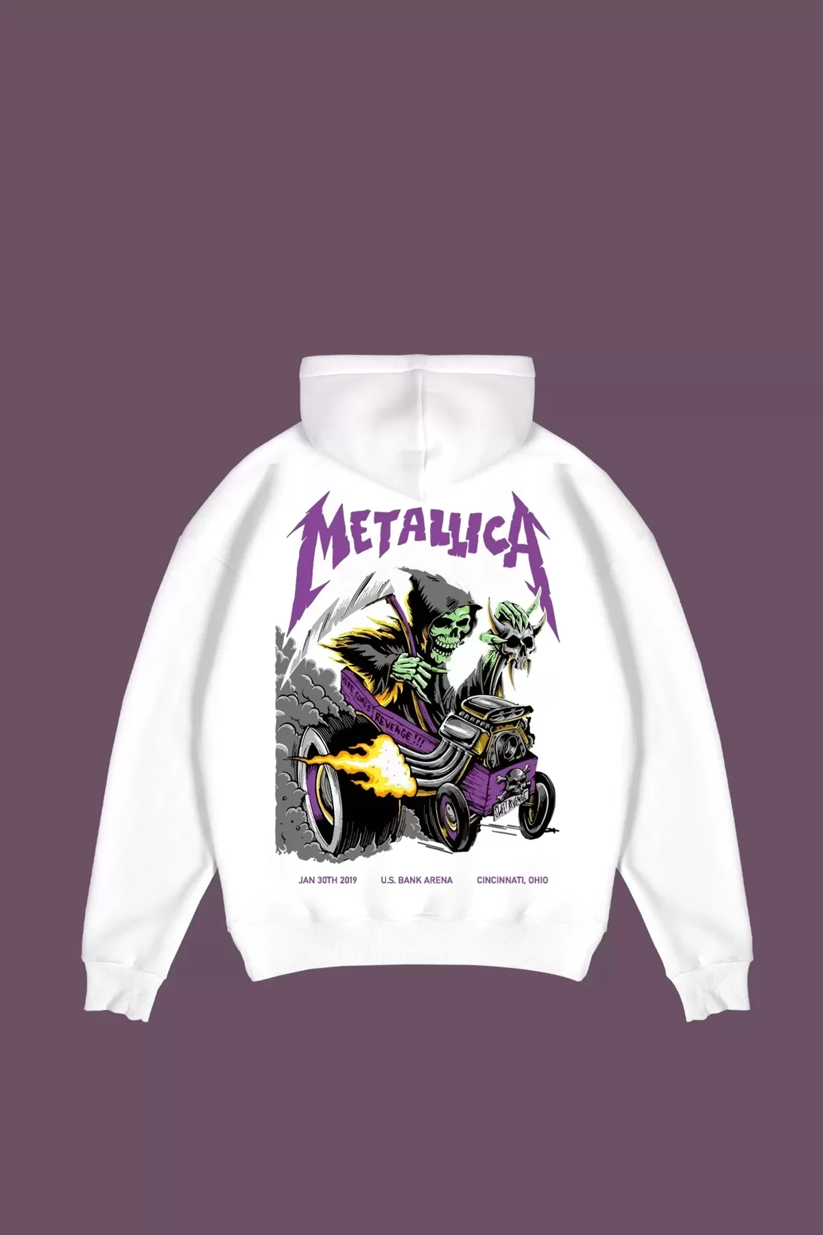 Metallica Mor Sırt Baskılı Beyaz Oversize Kapüşonlu Sweatshirt