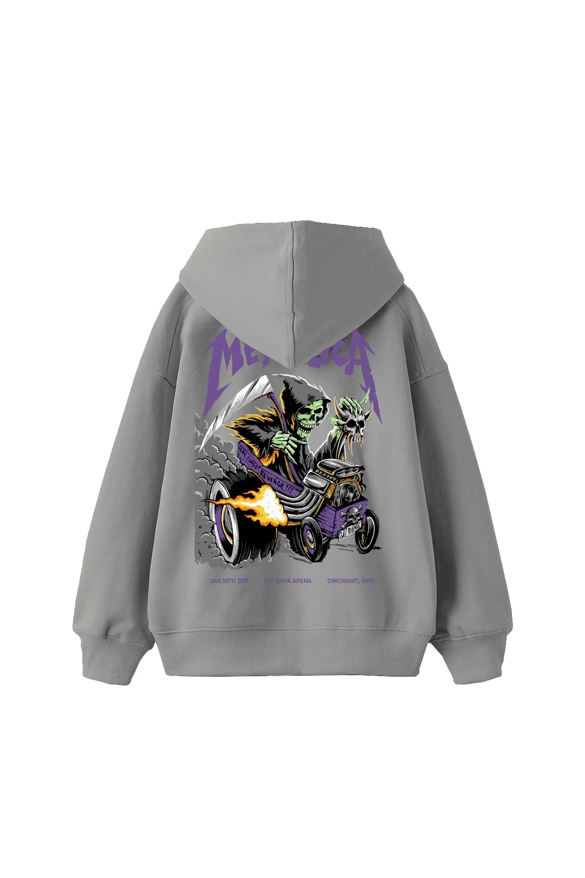 Metallica Mor Sırt Baskılı Gri Oversize Kapüşonlu Hoodie