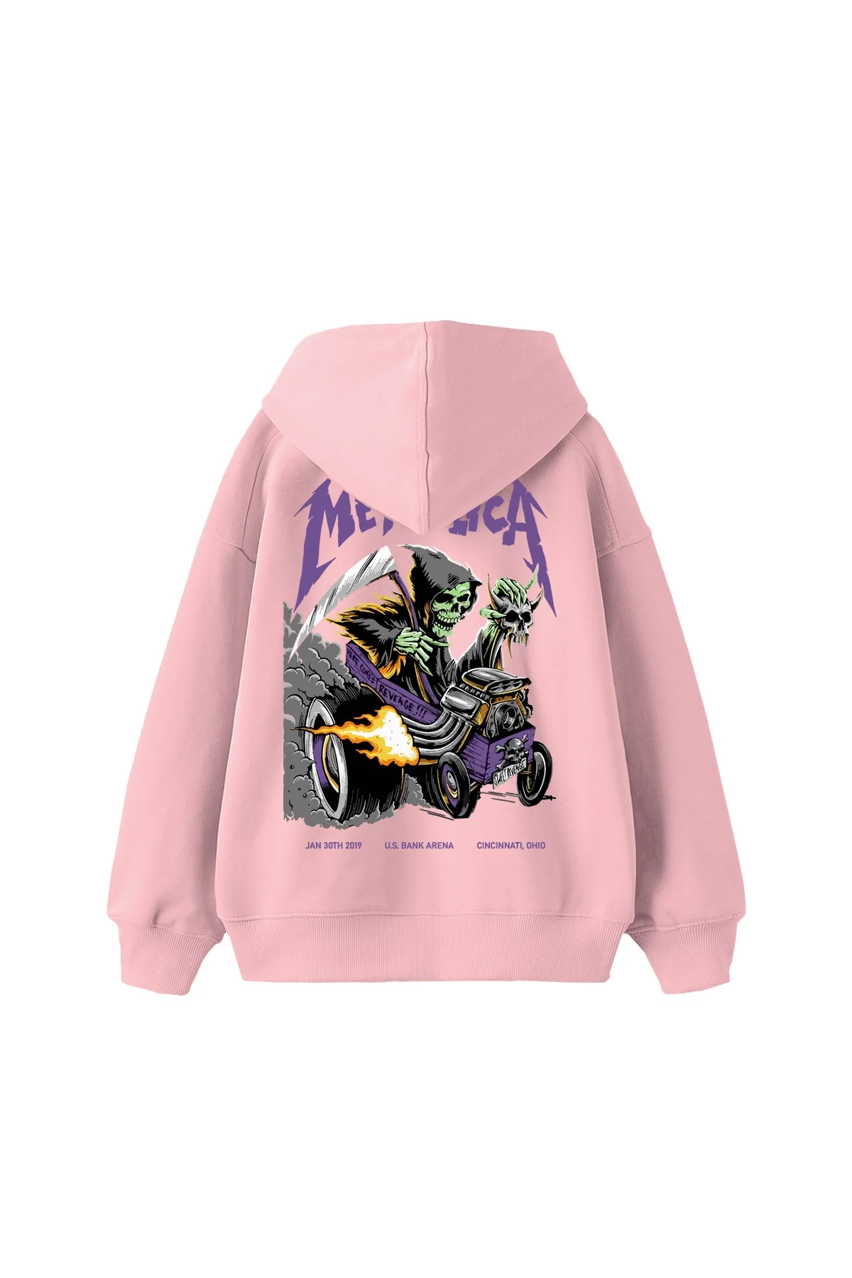 Metallica Mor Sırt Baskılı Pembe Oversize Kapüşonlu Hoodie