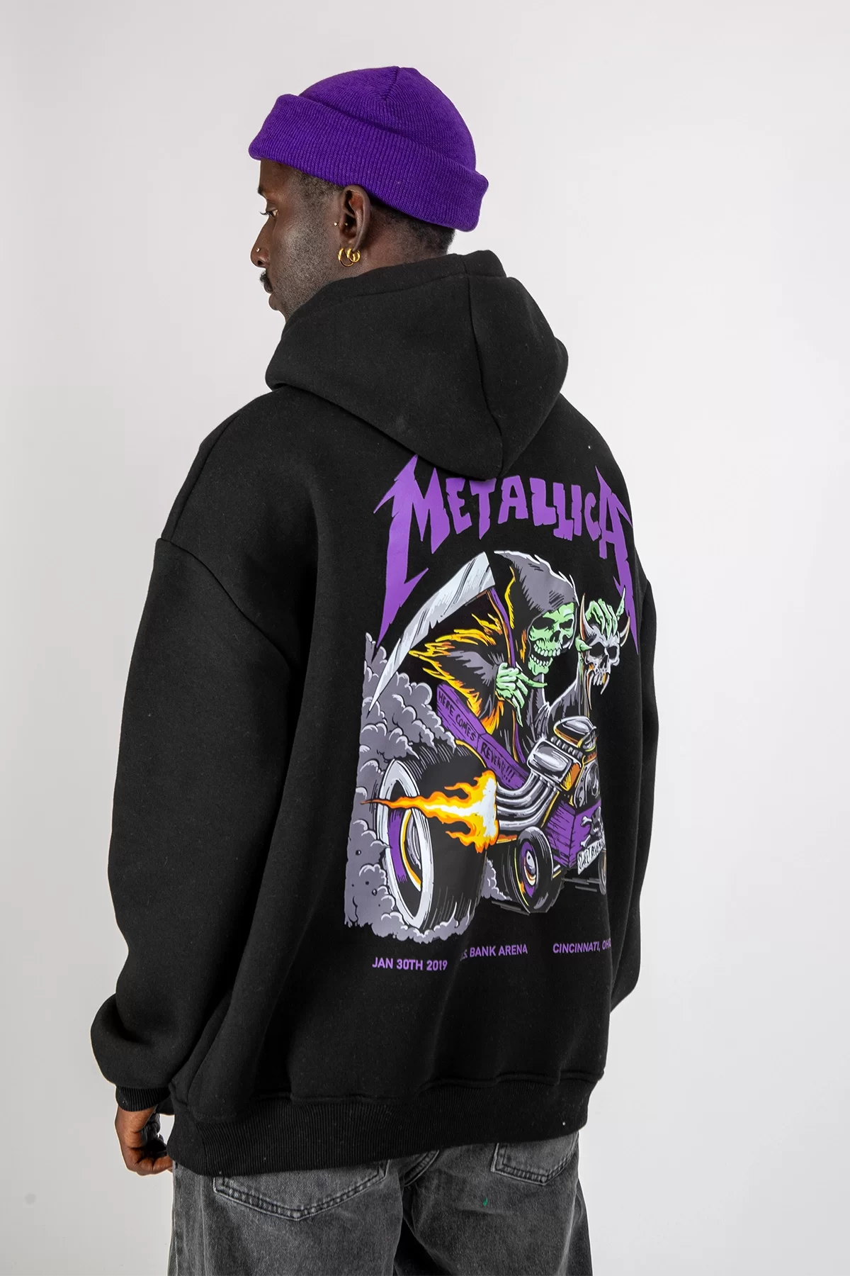 Metallica Mor Sırt Baskılı Siyah Oversize Kapüşonlu Sweatshirt