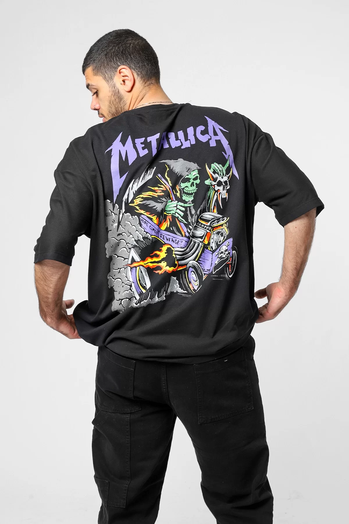 Metallica Mor Sırt Baskılı Unisex Oversize Siyah Tshirt