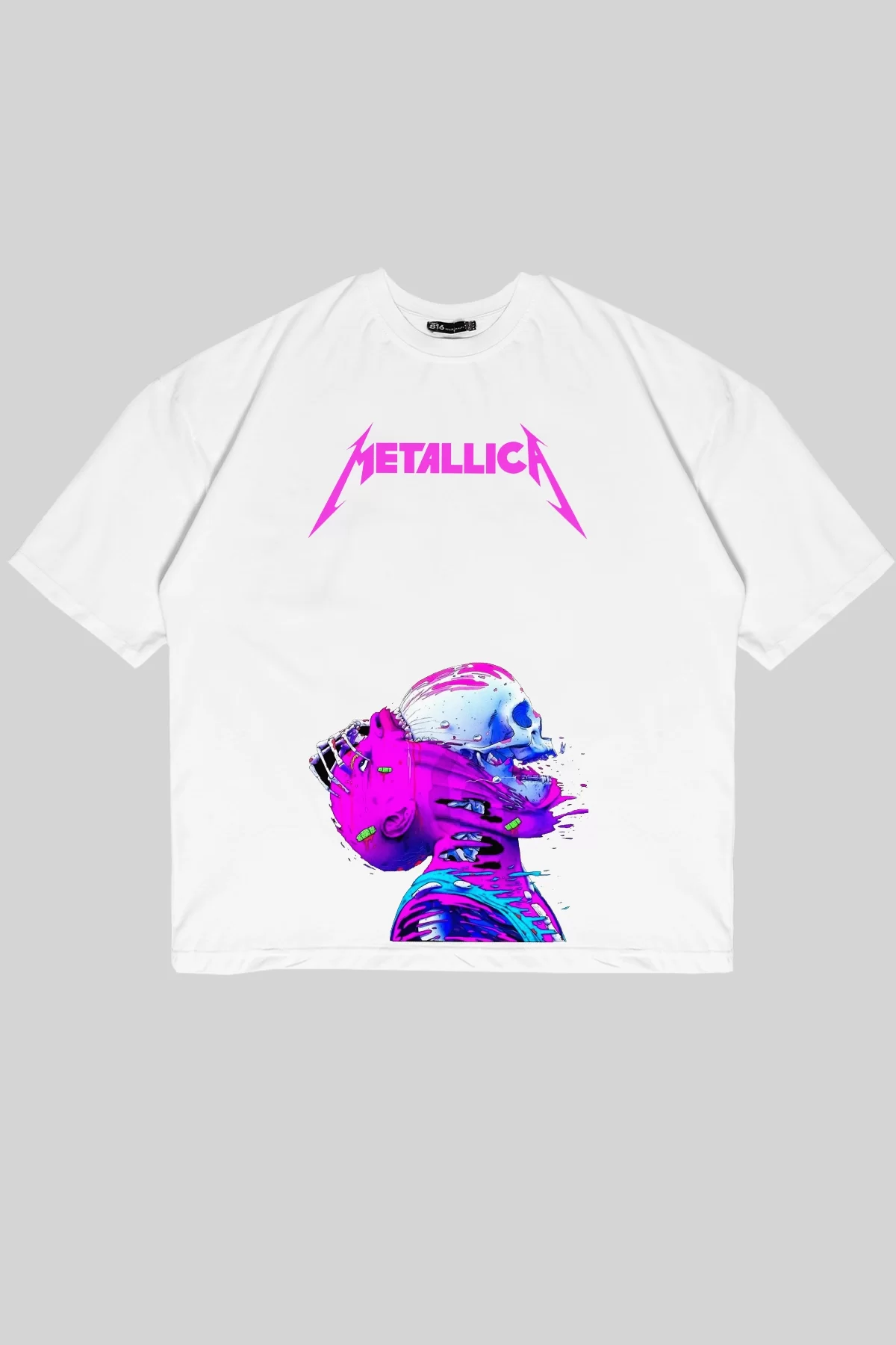 Metallica Neon Pembe Baskılı Beyaz Unisex Oversize Tshirt