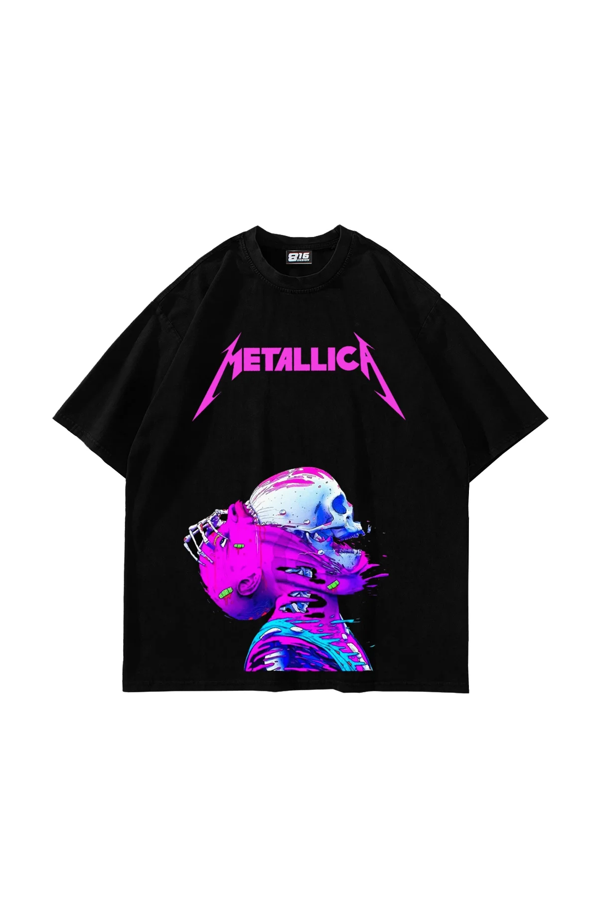 Metallica Neon Pembe Baskılı Siyah Unisex Oversize Tshirt