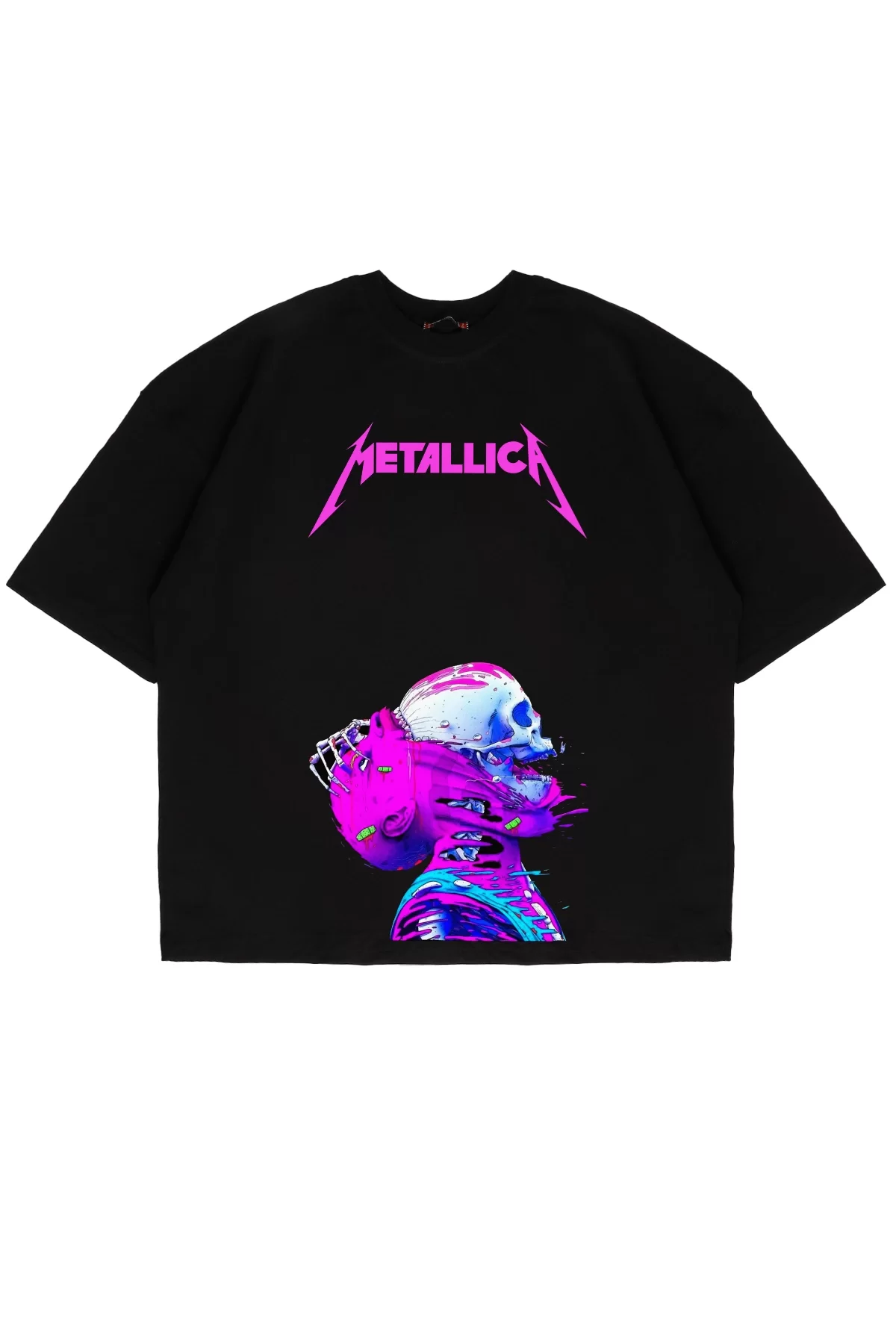 Metallica Neon Pembe Baskılı Siyah Unisex Oversize Tshirt