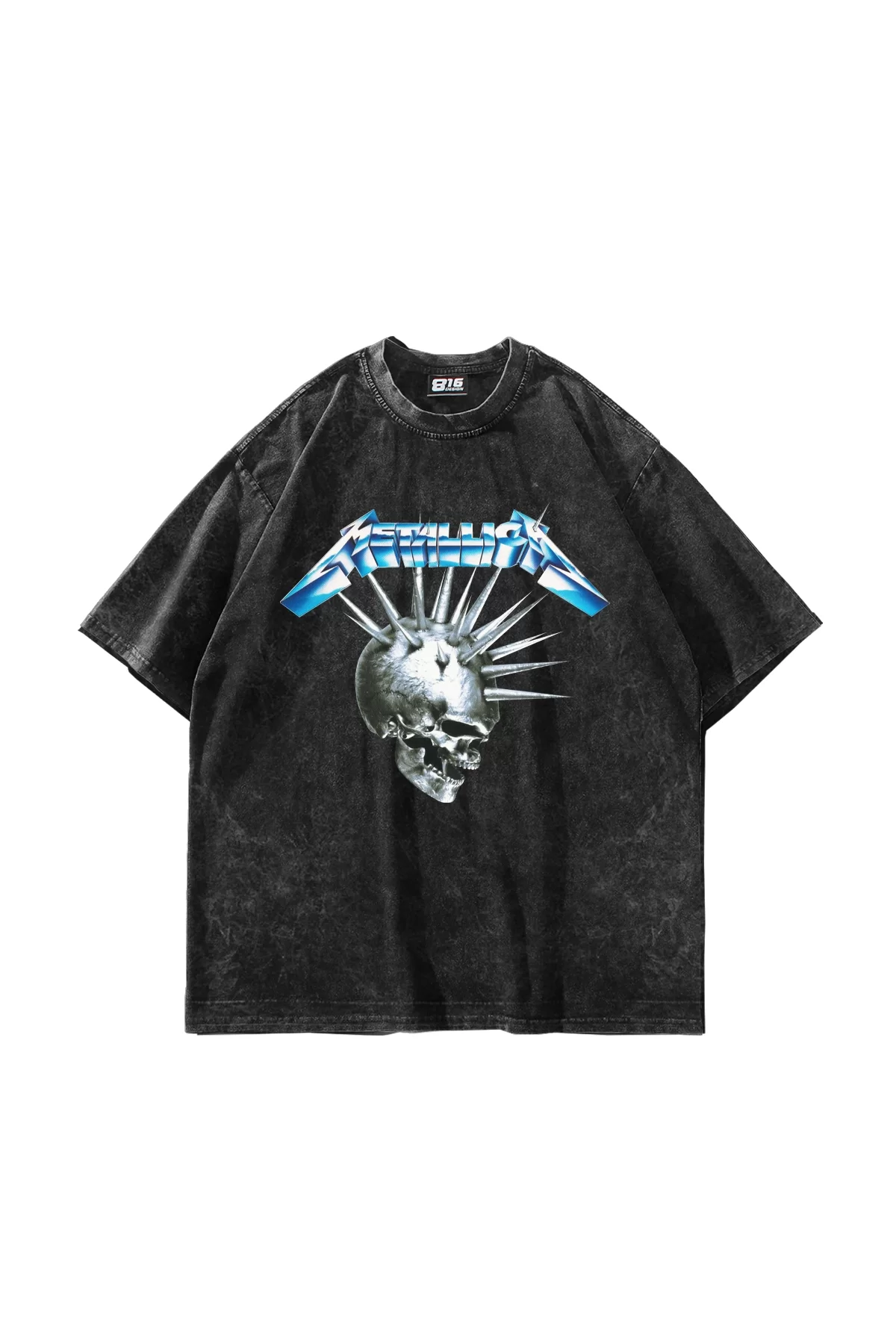 Metallica Premium Blue Skull Baskılı Oversize Unisex Yıkamalı Siyah Tshirt