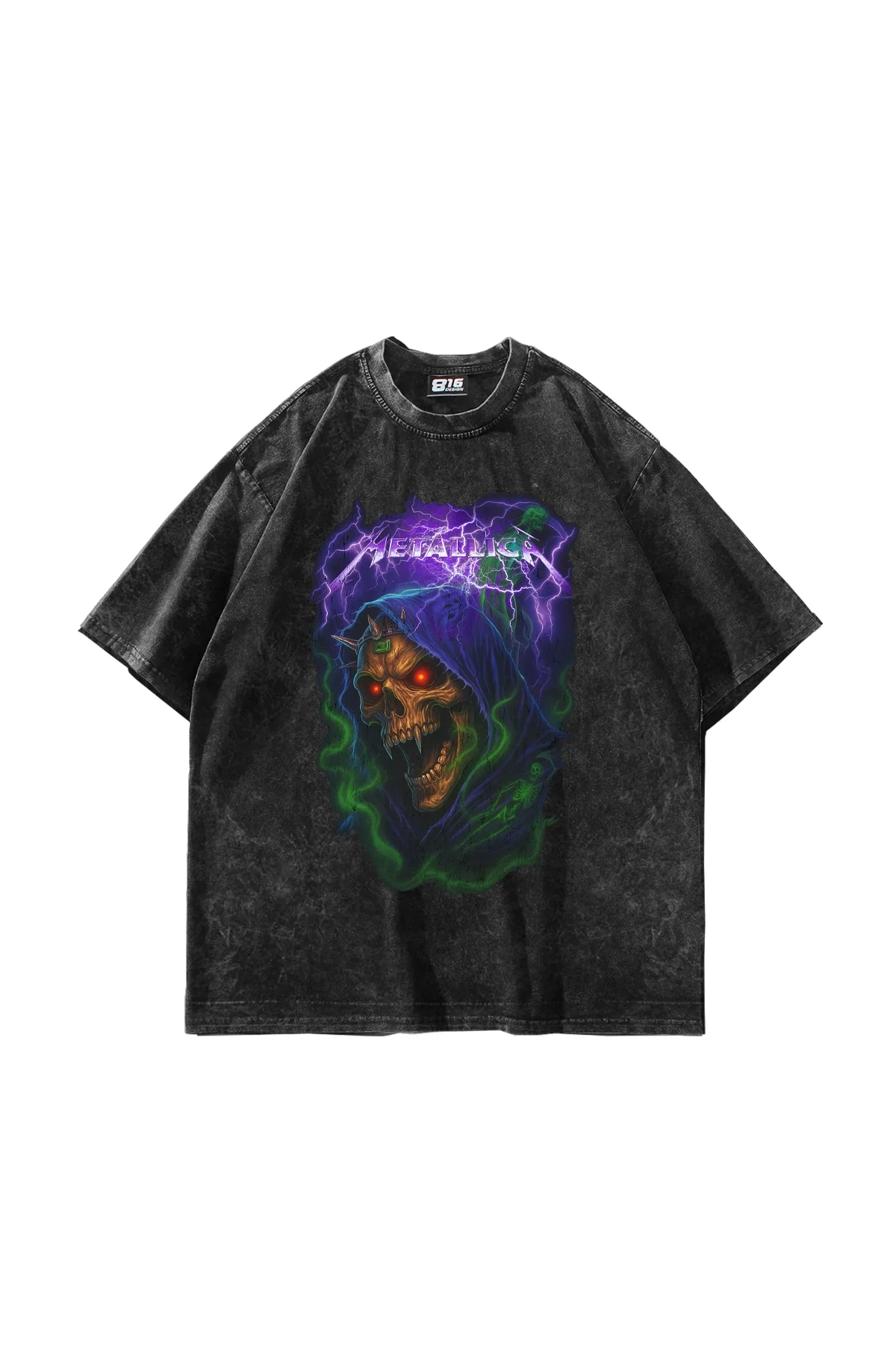 Metallica Purple Baskılı Oversize Unisex Yıkamalı Siyah Tshirt