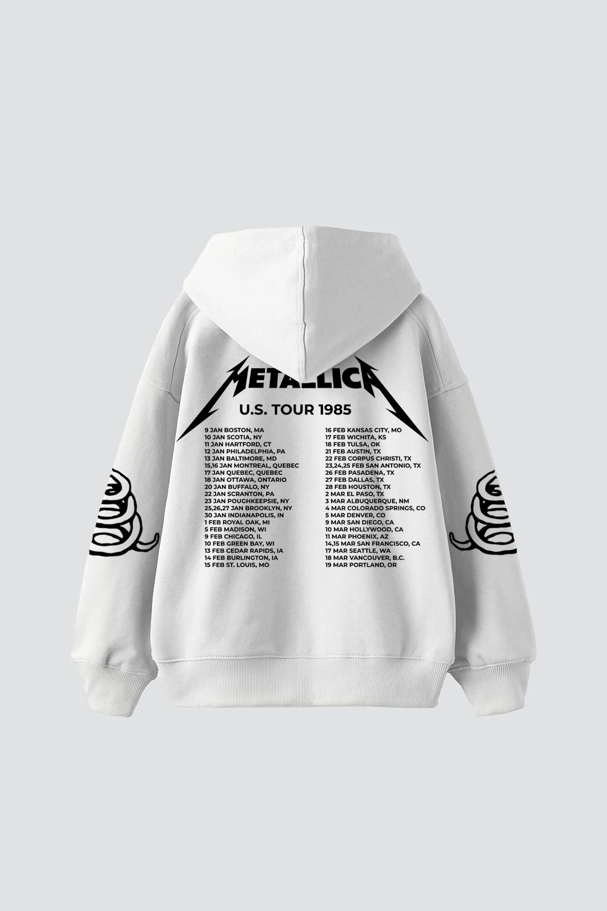 Metallica Tour 1985 Baskılı Oversize Unisex Beyaz Hoodie