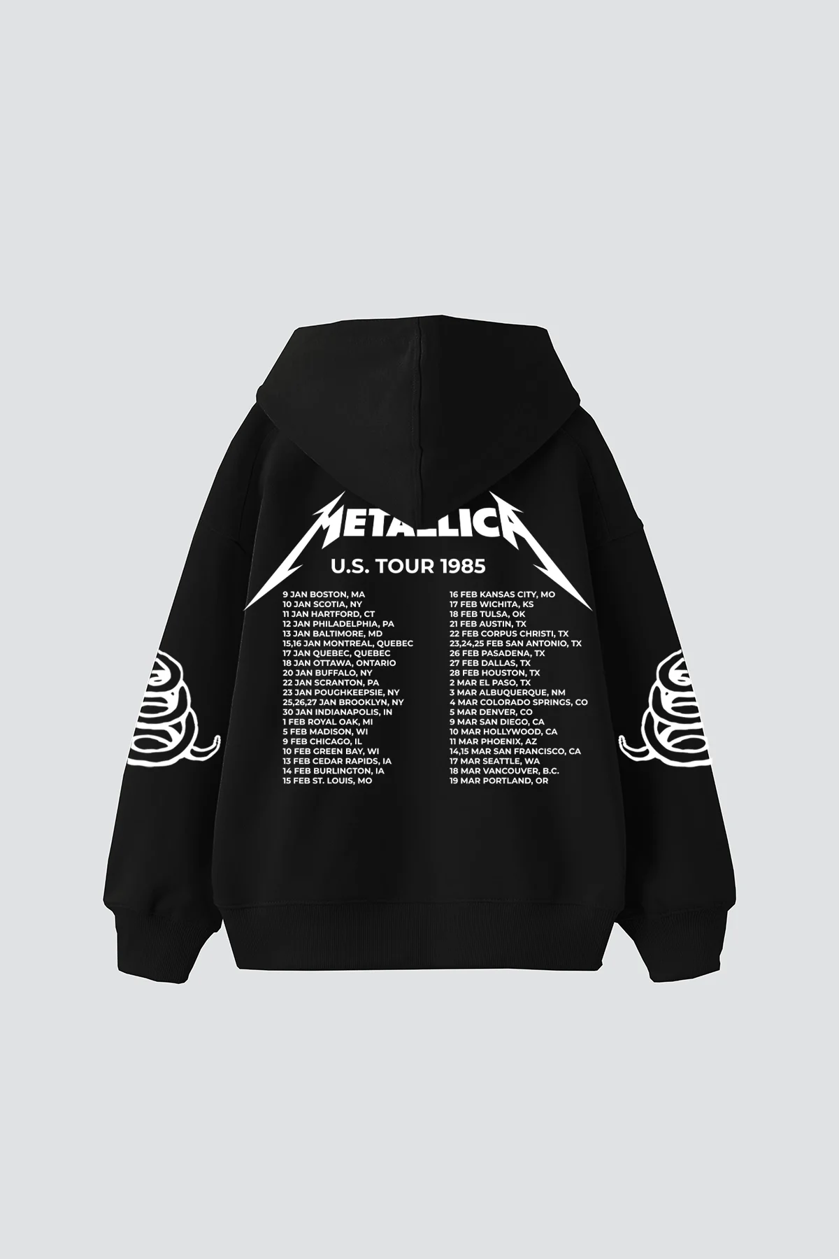 Metallica Tour 1985 Baskılı Oversize Unisex Siyah Hoodie