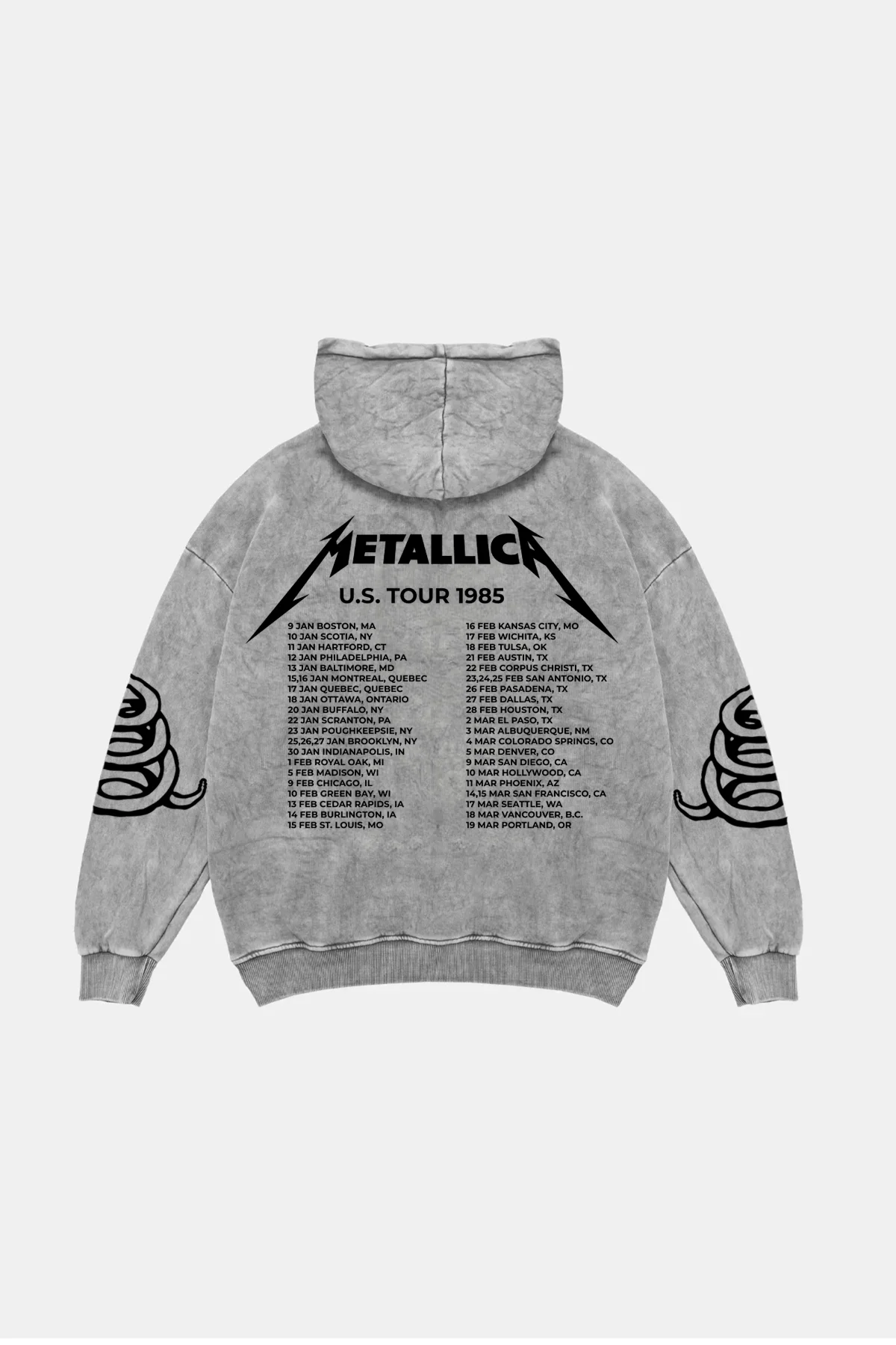 Metallica Tour 1985 Oversize Unisex Yıkamalı Beyaz Hoodie