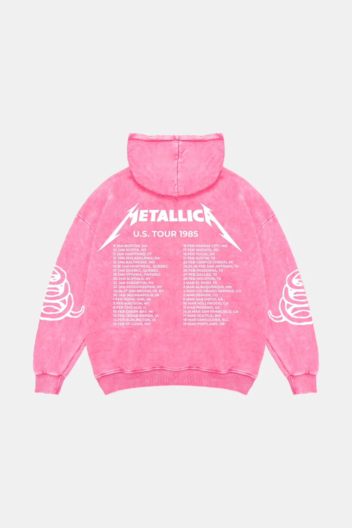 Metallica Tour 1985 Oversize Unisex Yıkamalı Pembe Hoodie