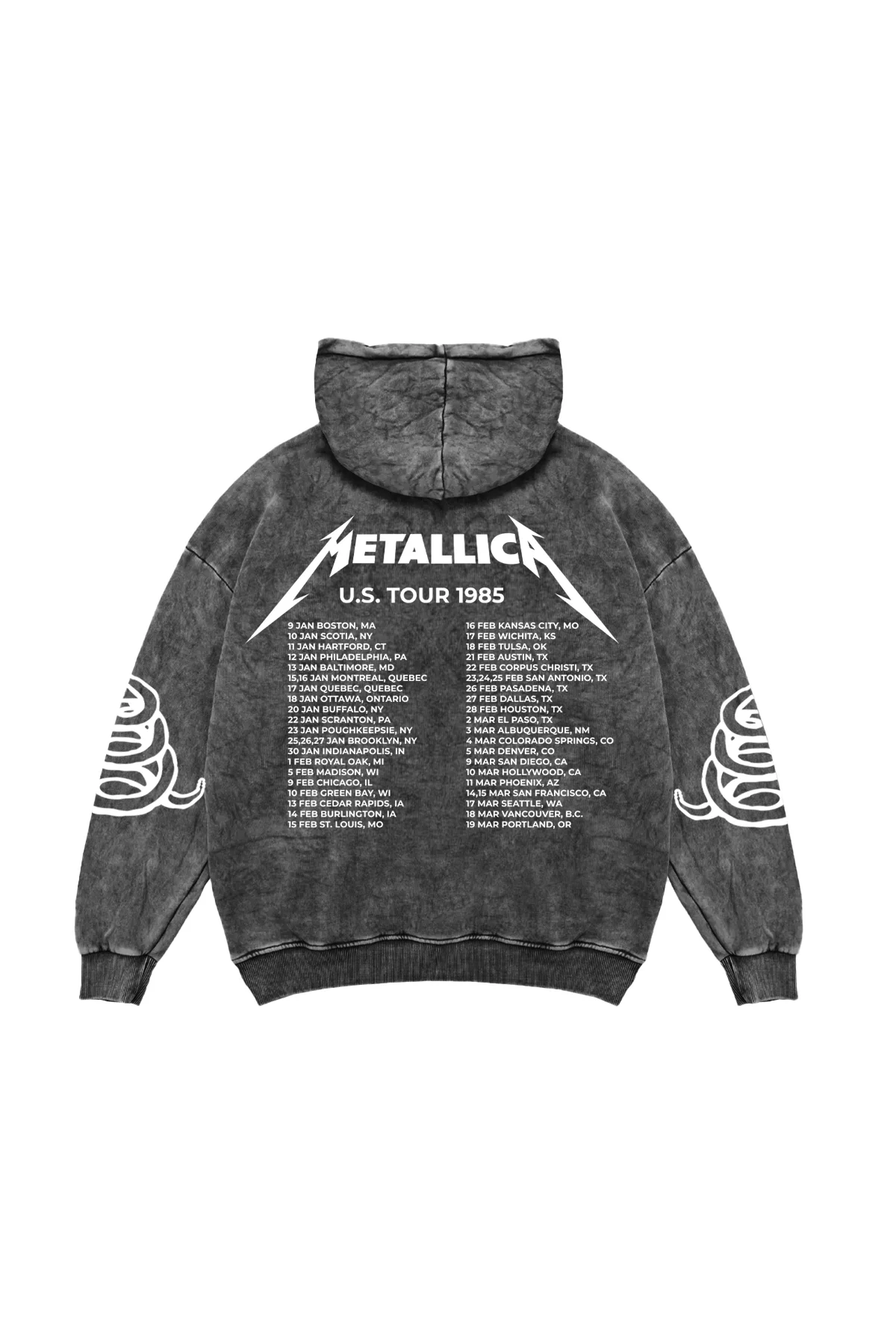 Metallica Tour 1985 Oversize Unisex Yıkamalı Siyah Hoodie
