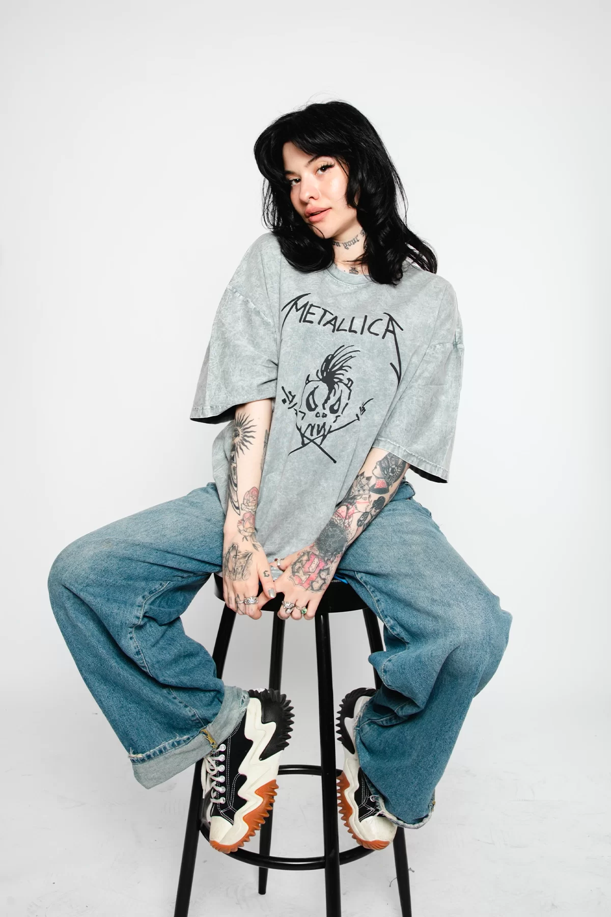 Metallifukinca Baskılı Oversize Unisex Yıkamalı Beyaz Tshirt
