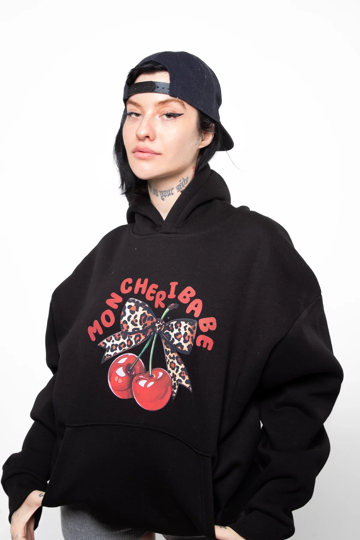 Mon Cherie Baskılı Oversize Unisex Siyah Hoodie