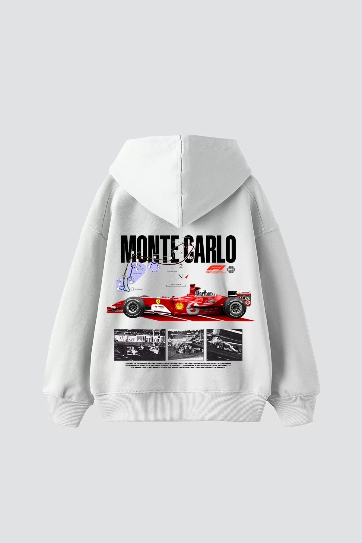 Monte Carlo Car Baskılı Oversize Unisex Premium Beyaz Hoodie