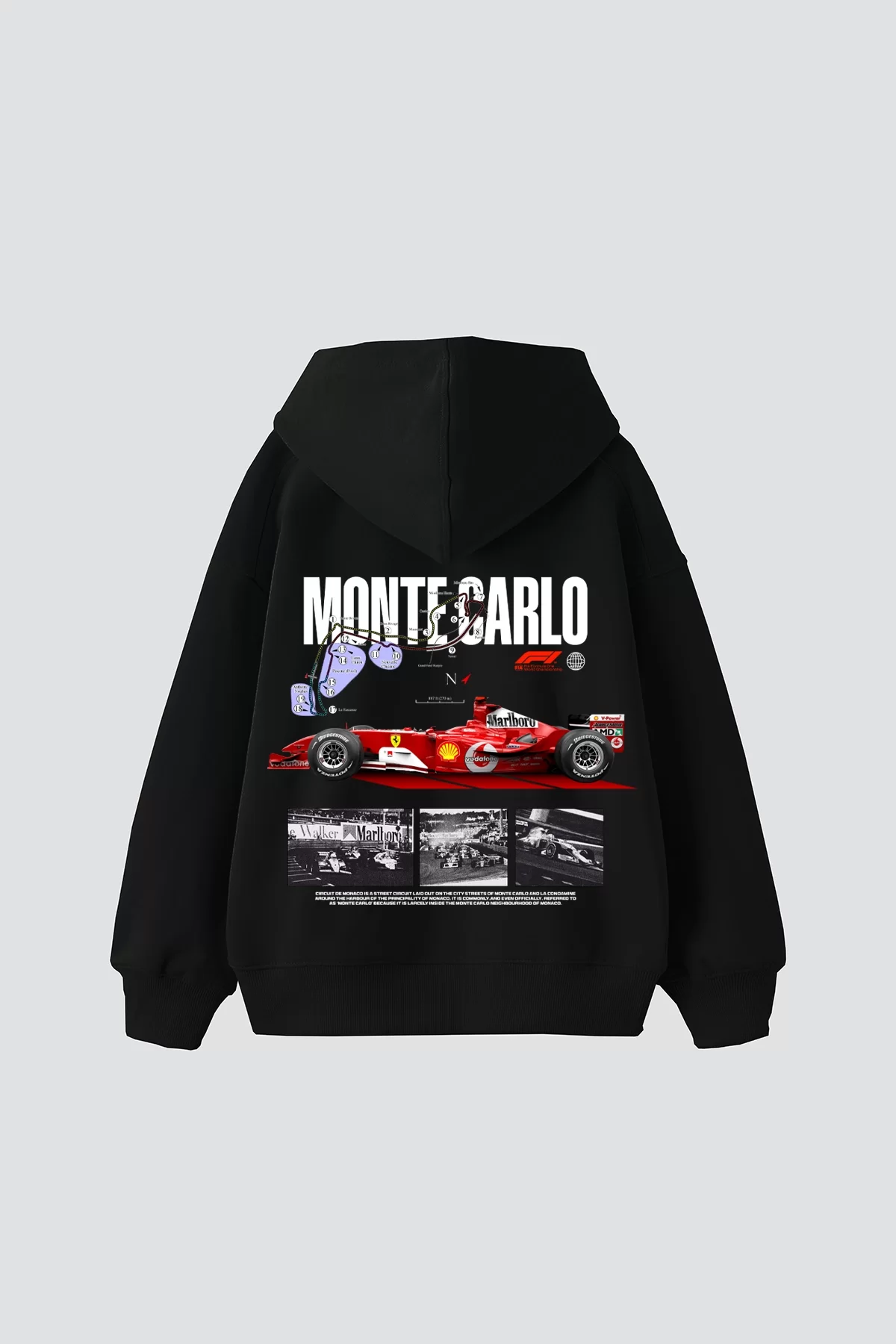 Monte Carlo Car Baskılı Oversize Unisex Premium Siyah Hoodie