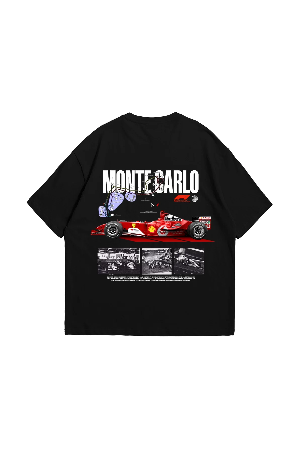 Monte Carlo Car Baskılı Oversize Unisex Premium Siyah Tshirt