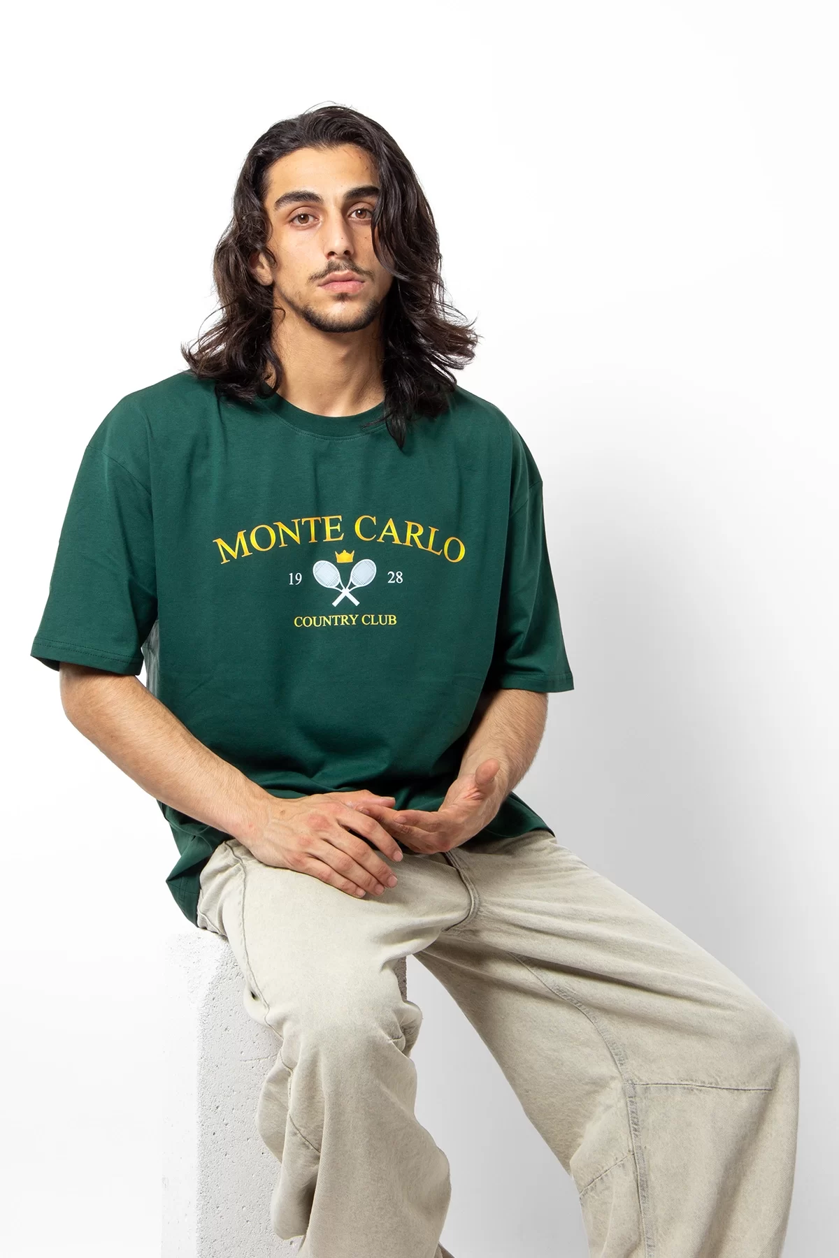 Monte Carlo Country Club Baskılı Oversize Unisex Yeşil Tshirt