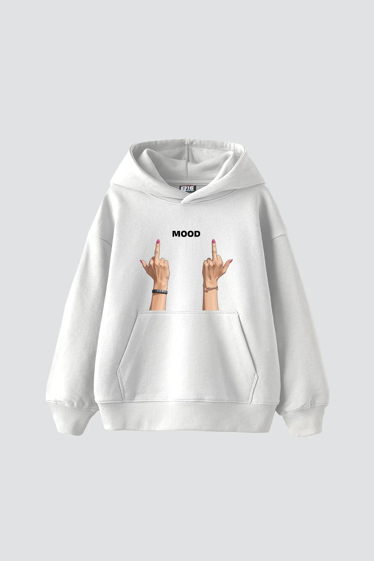Mood Fu. Baskılı Oversize Unisex Beyaz Hoodie