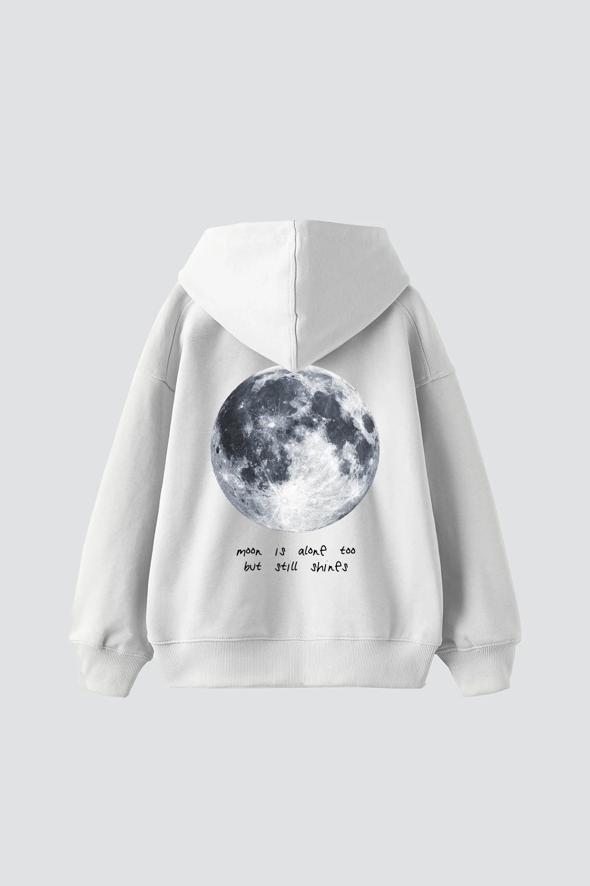 Moon İs Alone Baskılı Oversize Unisex Beyaz Hoodie