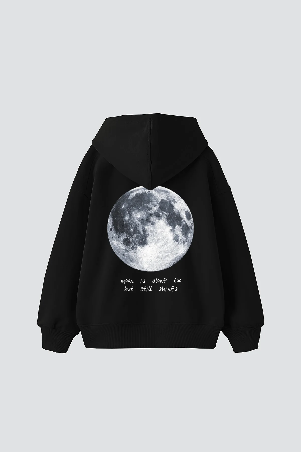 Moon İs Alone Baskılı Oversize Unisex Siyah Hoodie
