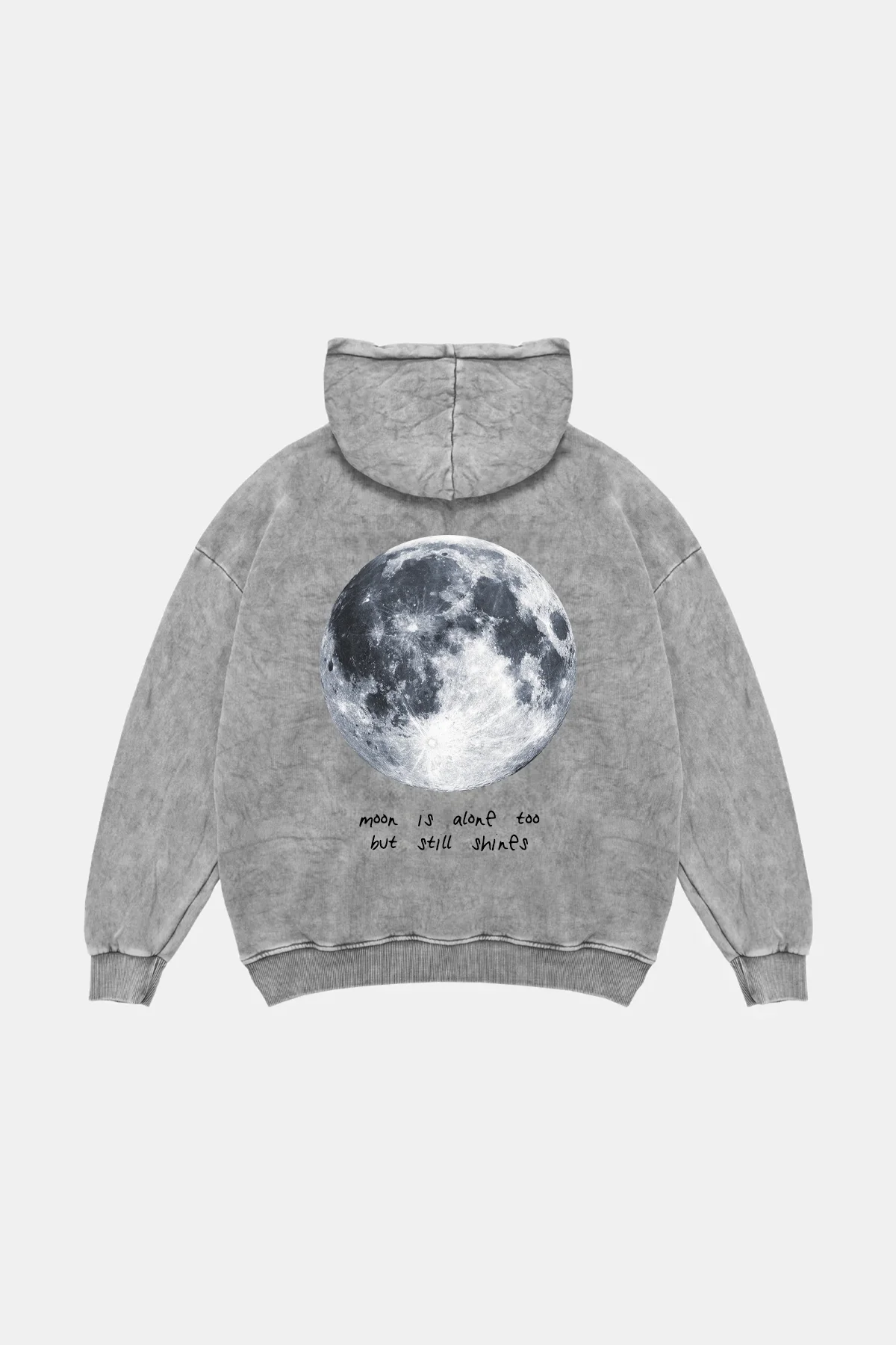 Moon İs Alone Baskılı Oversize Unisex Yıkamalı Beyaz Hoodie