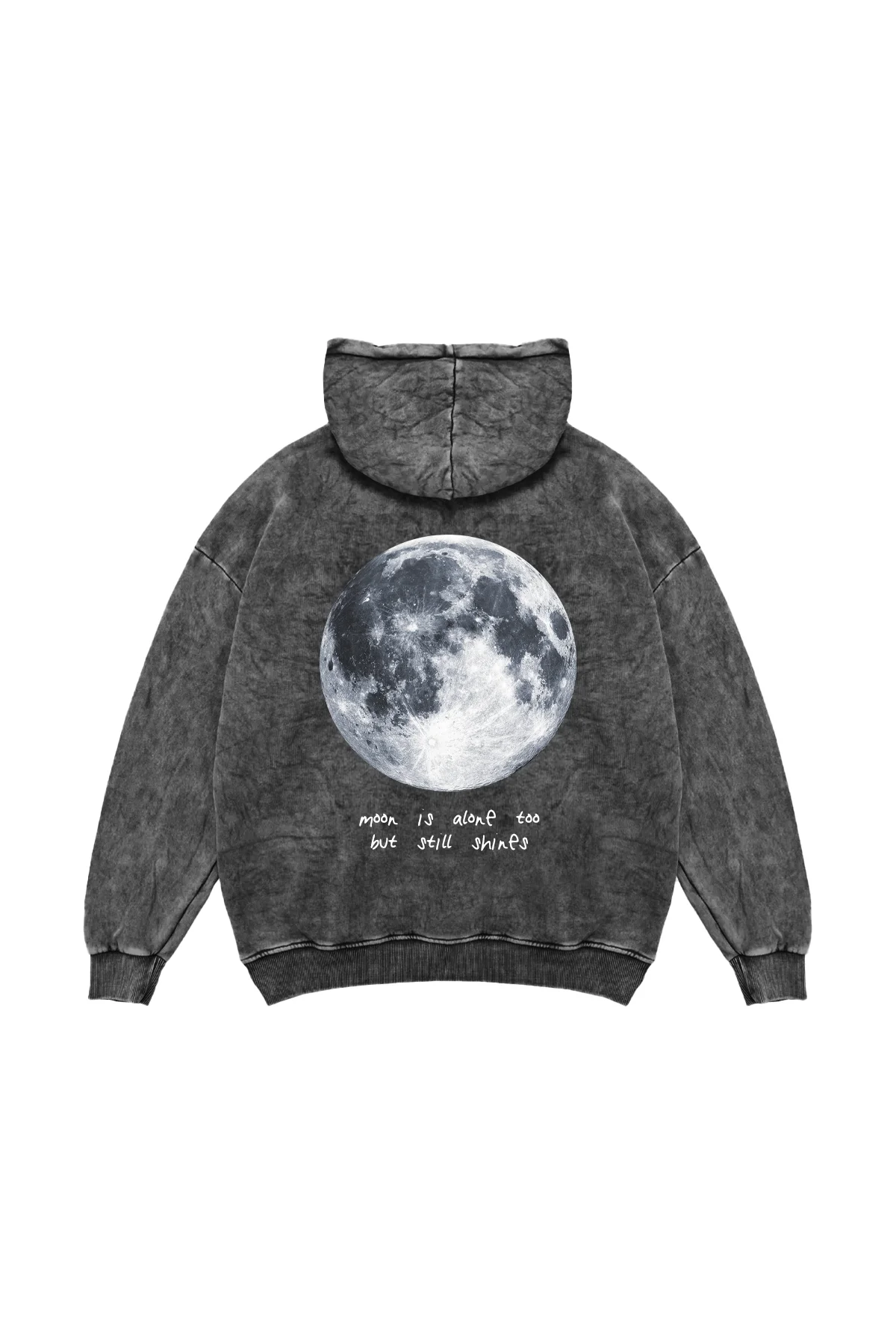 Moon İs Alone Baskılı Oversize Unisex Yıkamalı Siyah Hoodie