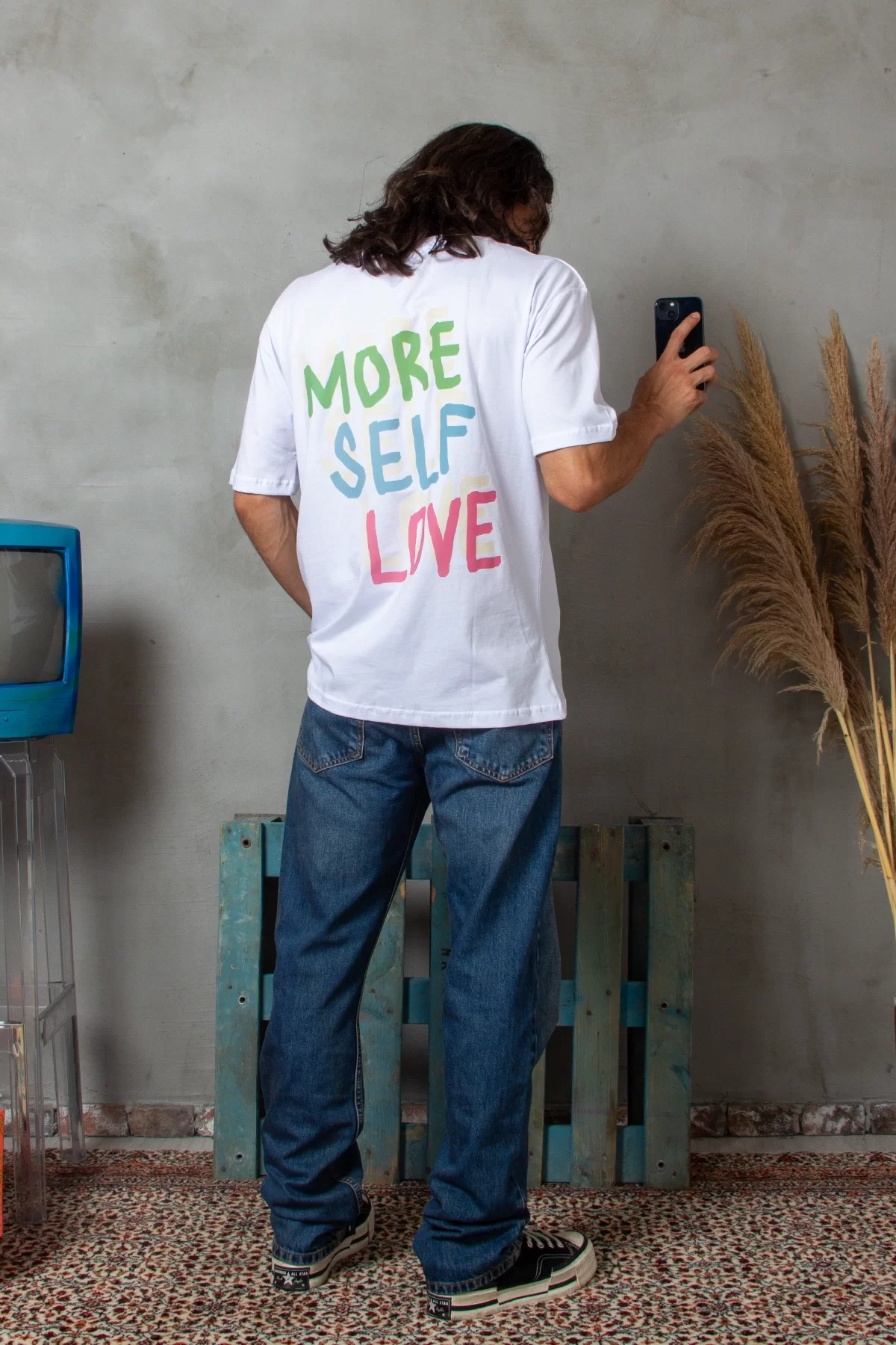 More Self Love Baskılı Oversize Unisex Beyaz Tshirt