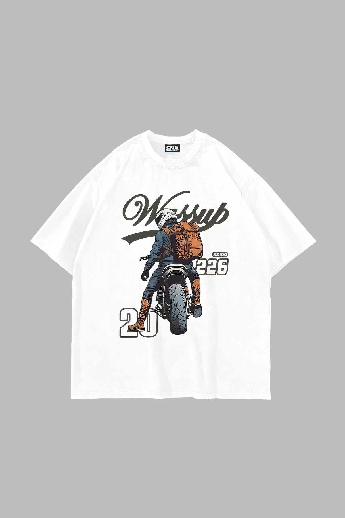 Moto Rider Baskılı Oversize Unisex Beyaz Tshirt