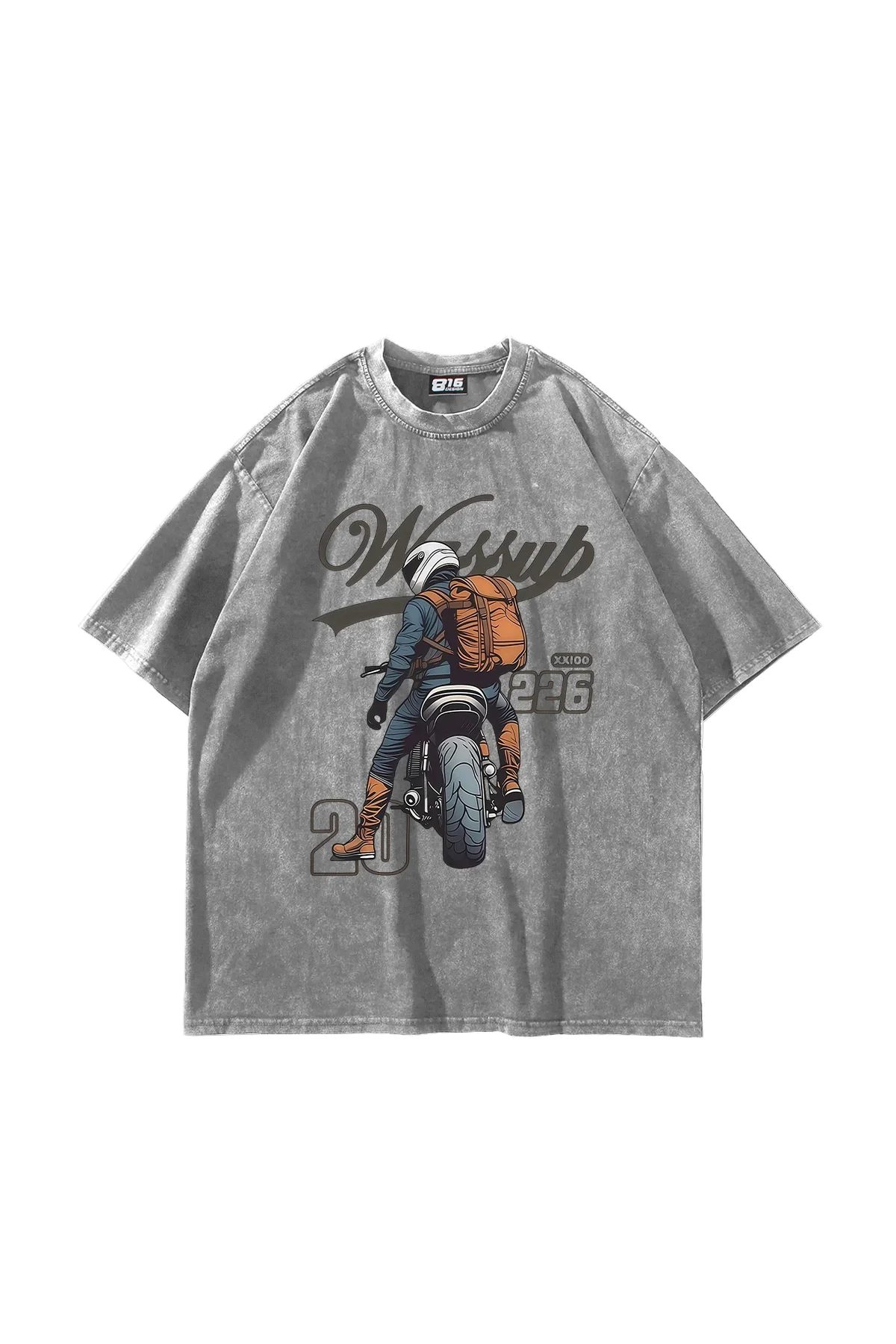 Moto Rider Baskılı Oversize Unisex Yıkamalı Beyaz Tshirt