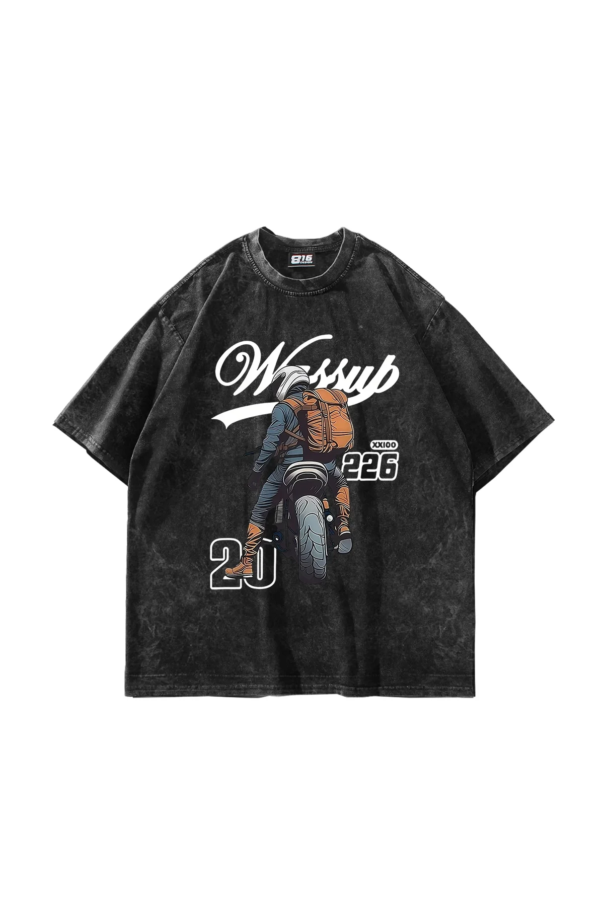 Moto Rider Baskılı Oversize Unisex Yıkamalı Siyah Tshirt