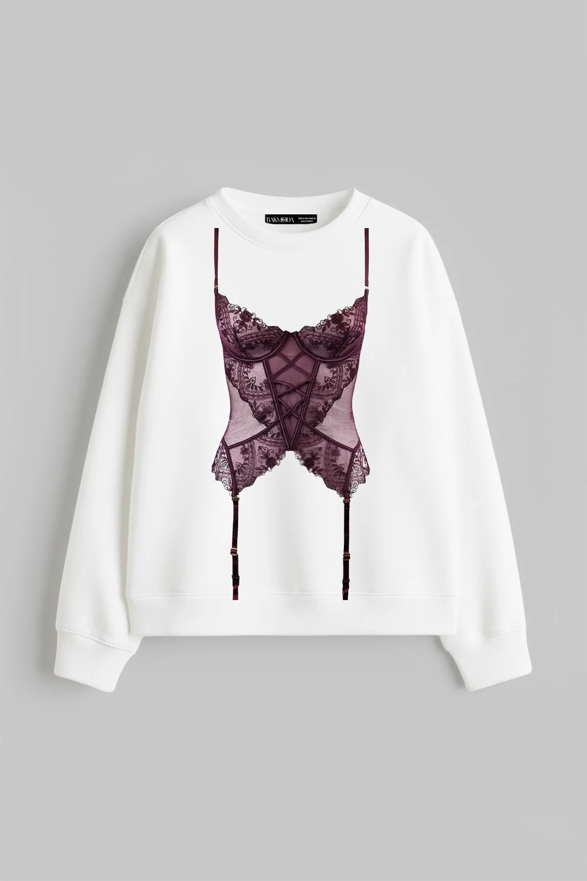 Mulberry Baskılı Kapüşonsuz Relaxed Fit Kadın Beyaz Sweatshirt