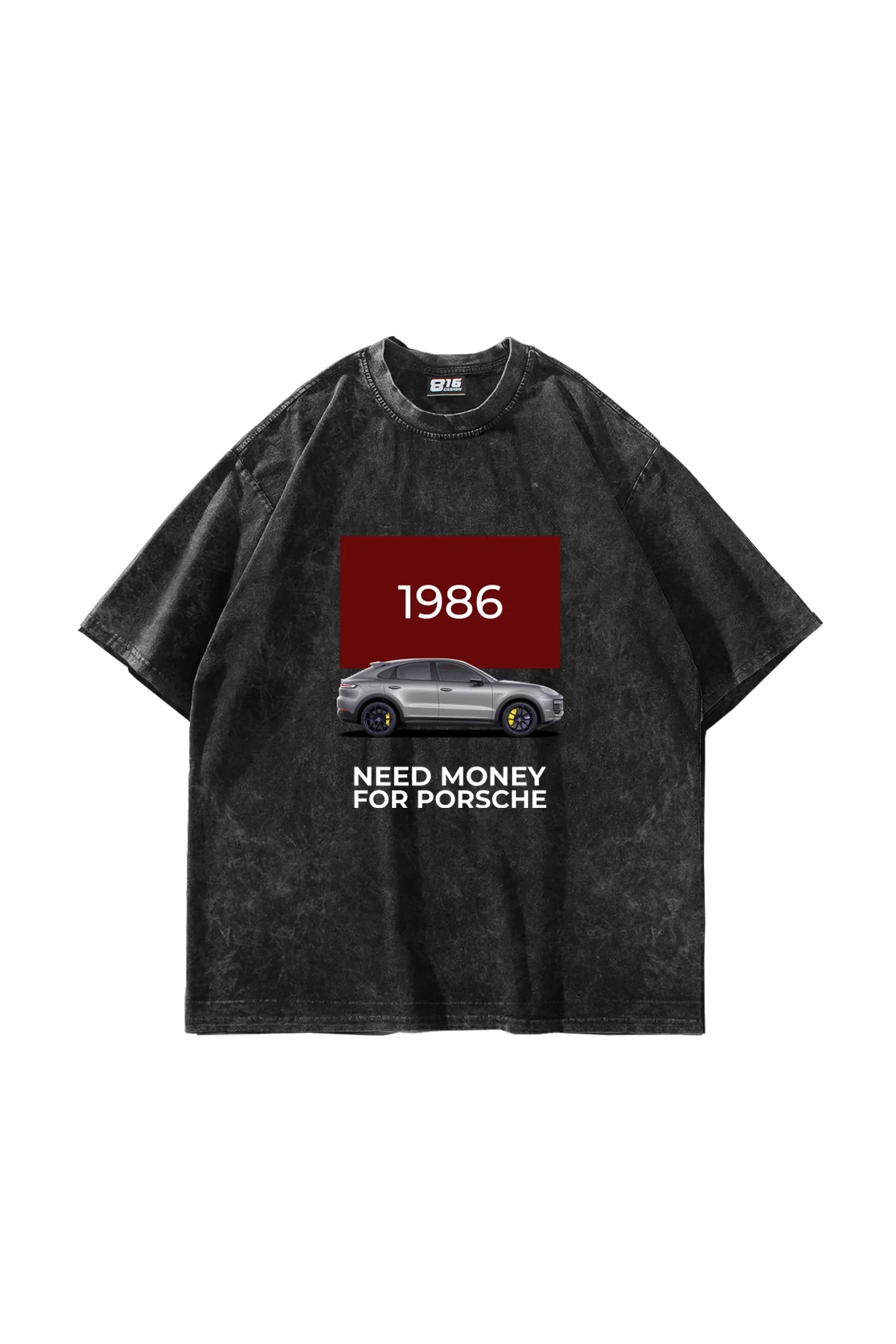 V2 Need Money For Porsche Baskılı Oversize Unisex Yıkamalı Siyah Tshirt