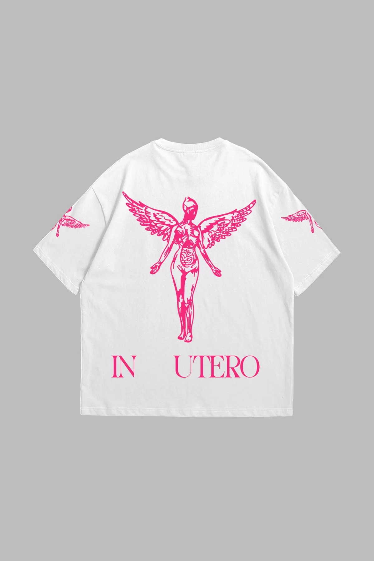 Nirvana In Utero Pembe Baskılı Oversize Unisex Beyaz Tshirt