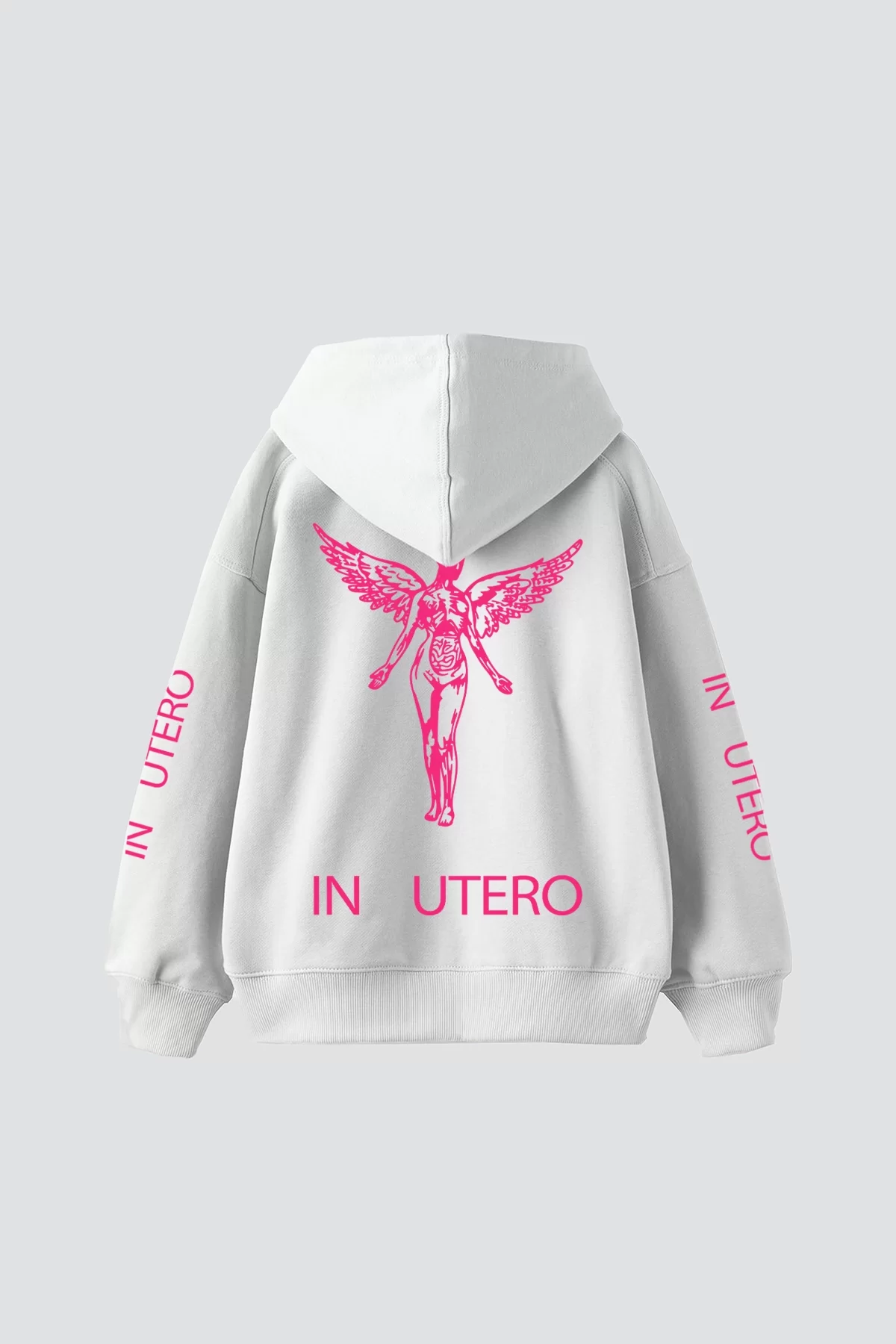 Nirvana In Utero Pembe Baskılı Oversize Unisex Beyaz Hoodie