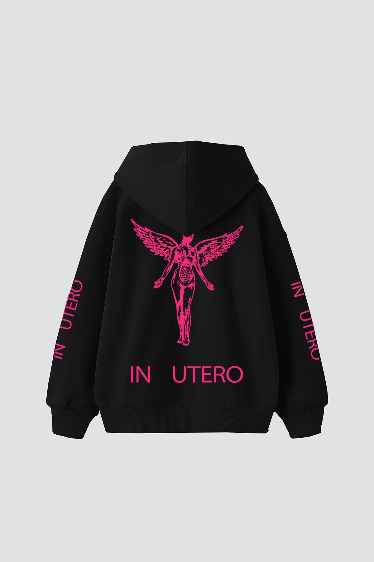 Nirvana In Utero Pembe Baskılı Oversize Unisex Siyah Hoodie