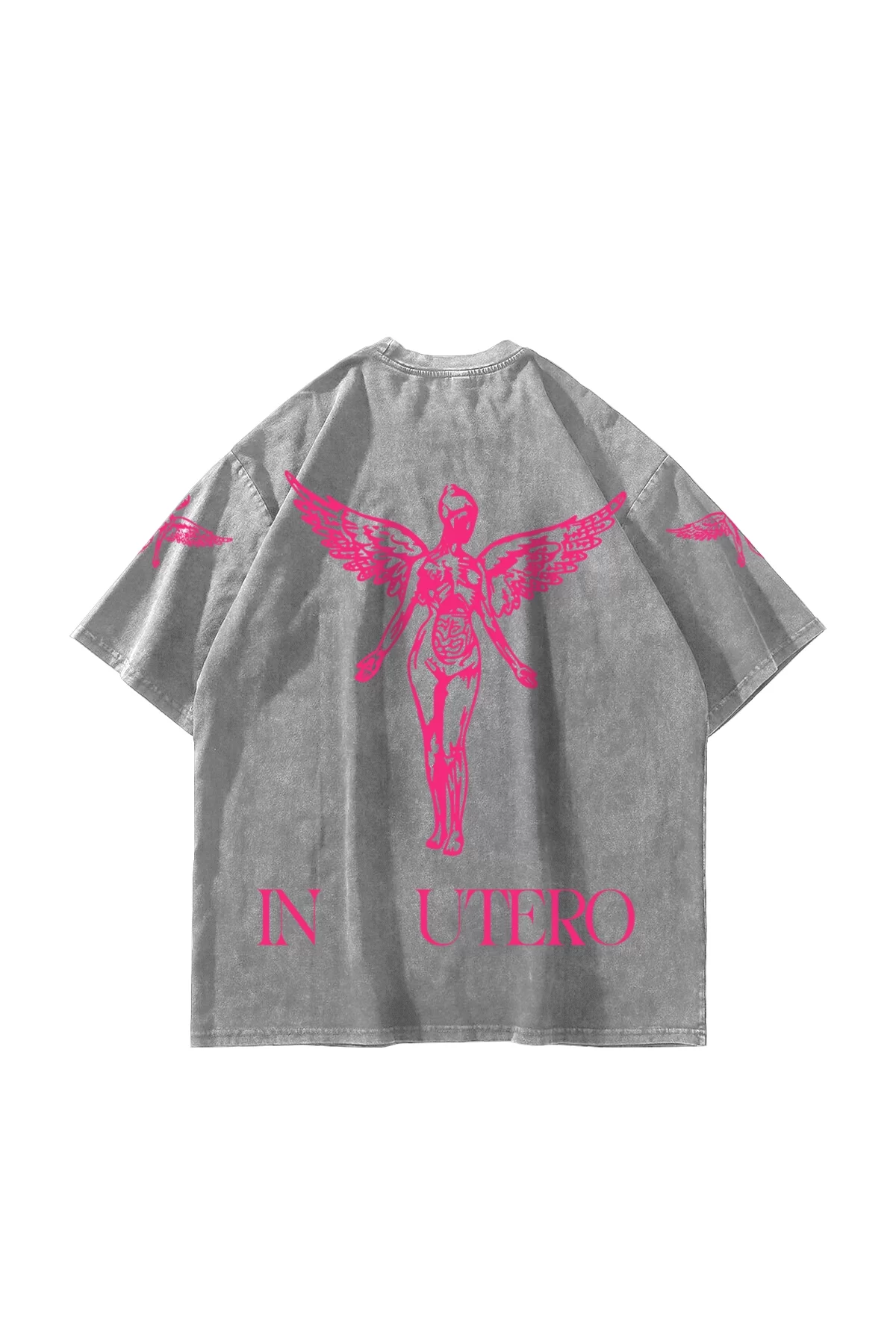 Nirvana In Utero Pembe Baskılı Oversize Unisex Yıkamalı Beyaz Tshirt