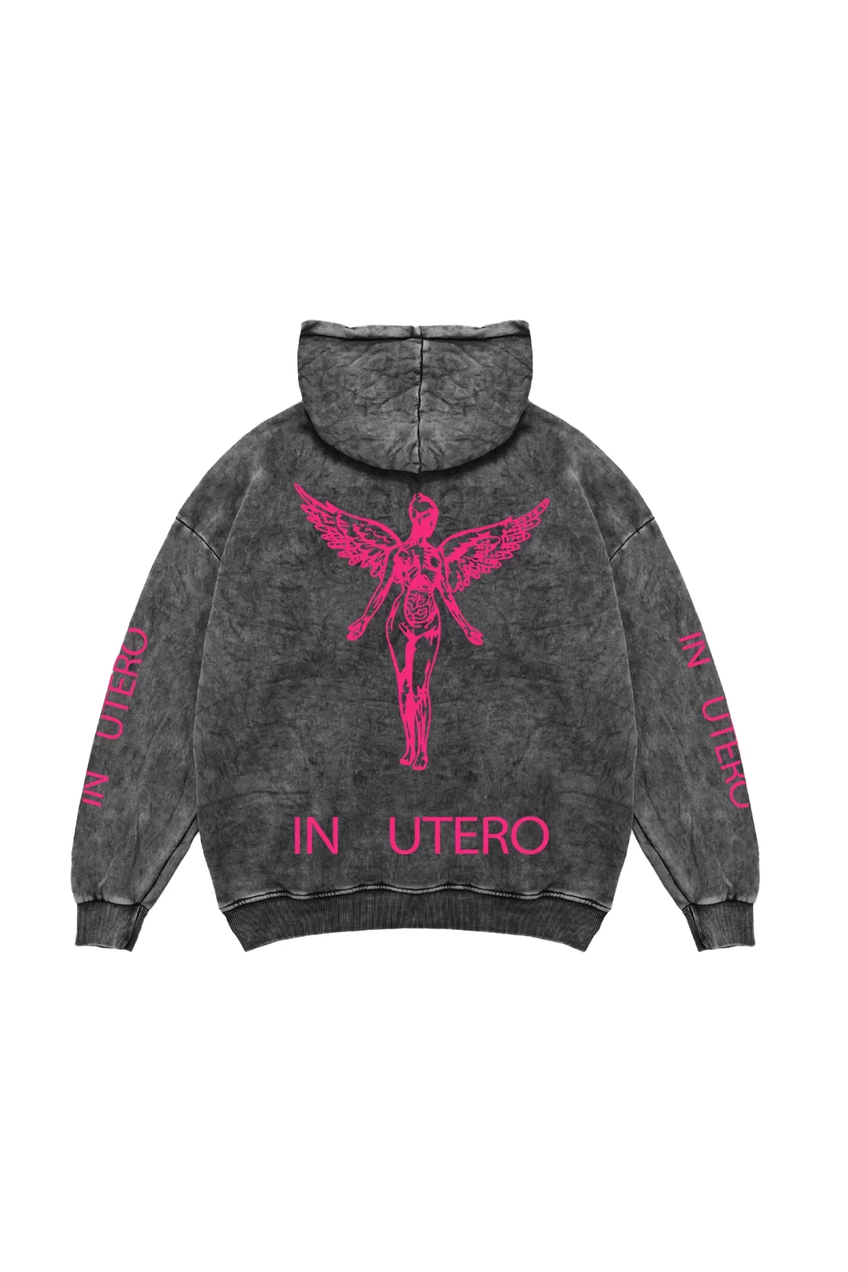 Nirvana In Utero Pembe Baskılı Oversize Unisex Yıkamalı Siyah Hoodie