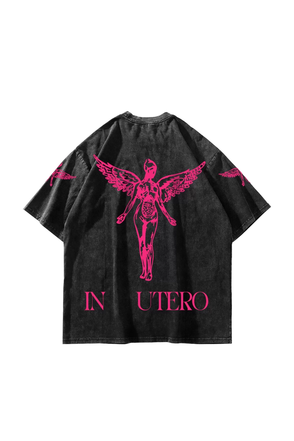 Nirvana In Utero Pembe Baskılı Oversize Unisex Yıkamalı Siyah Tshirt