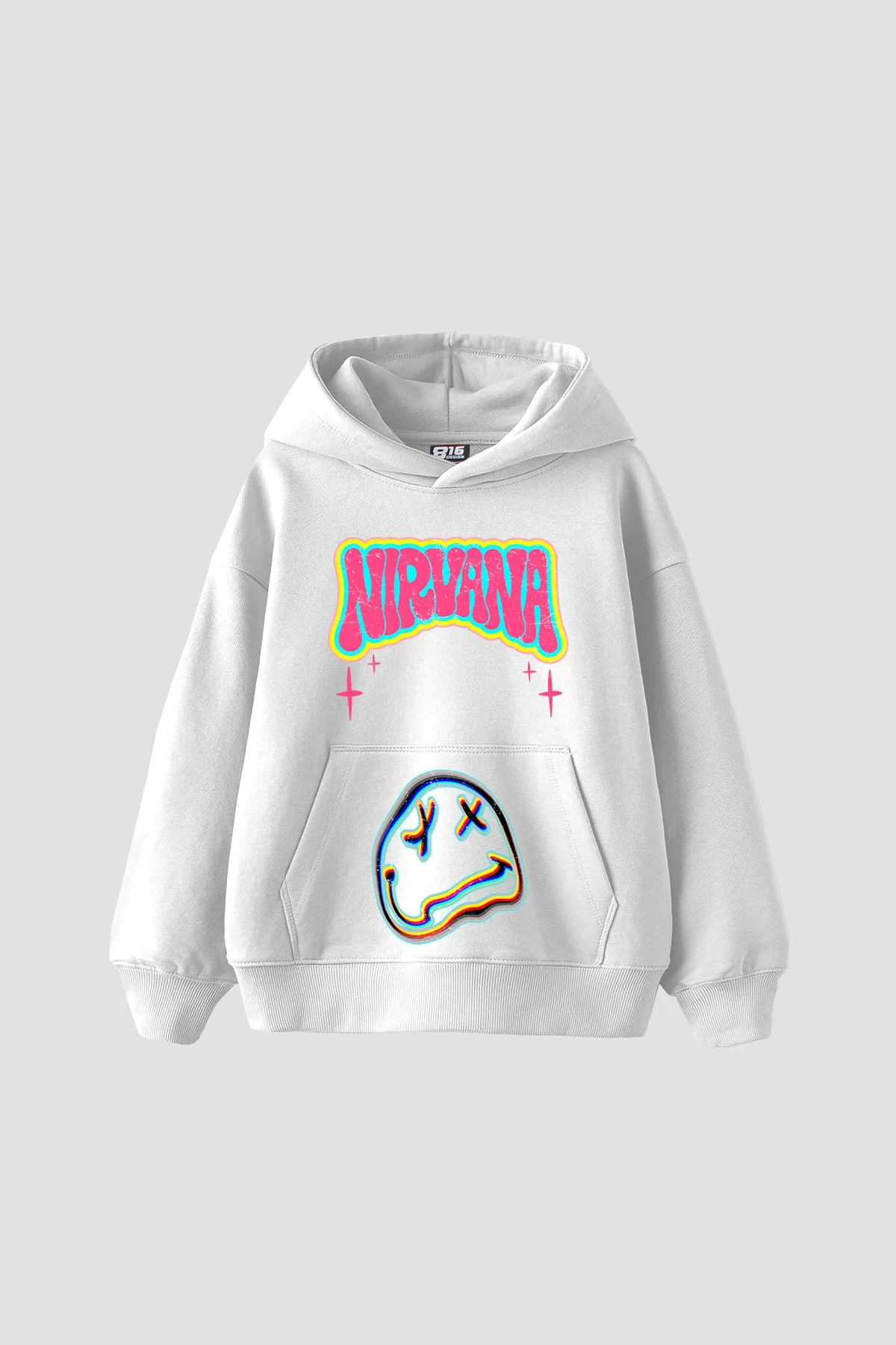 Nirvana Smile Baskılı Oversize Unisex Beyaz Hoodie