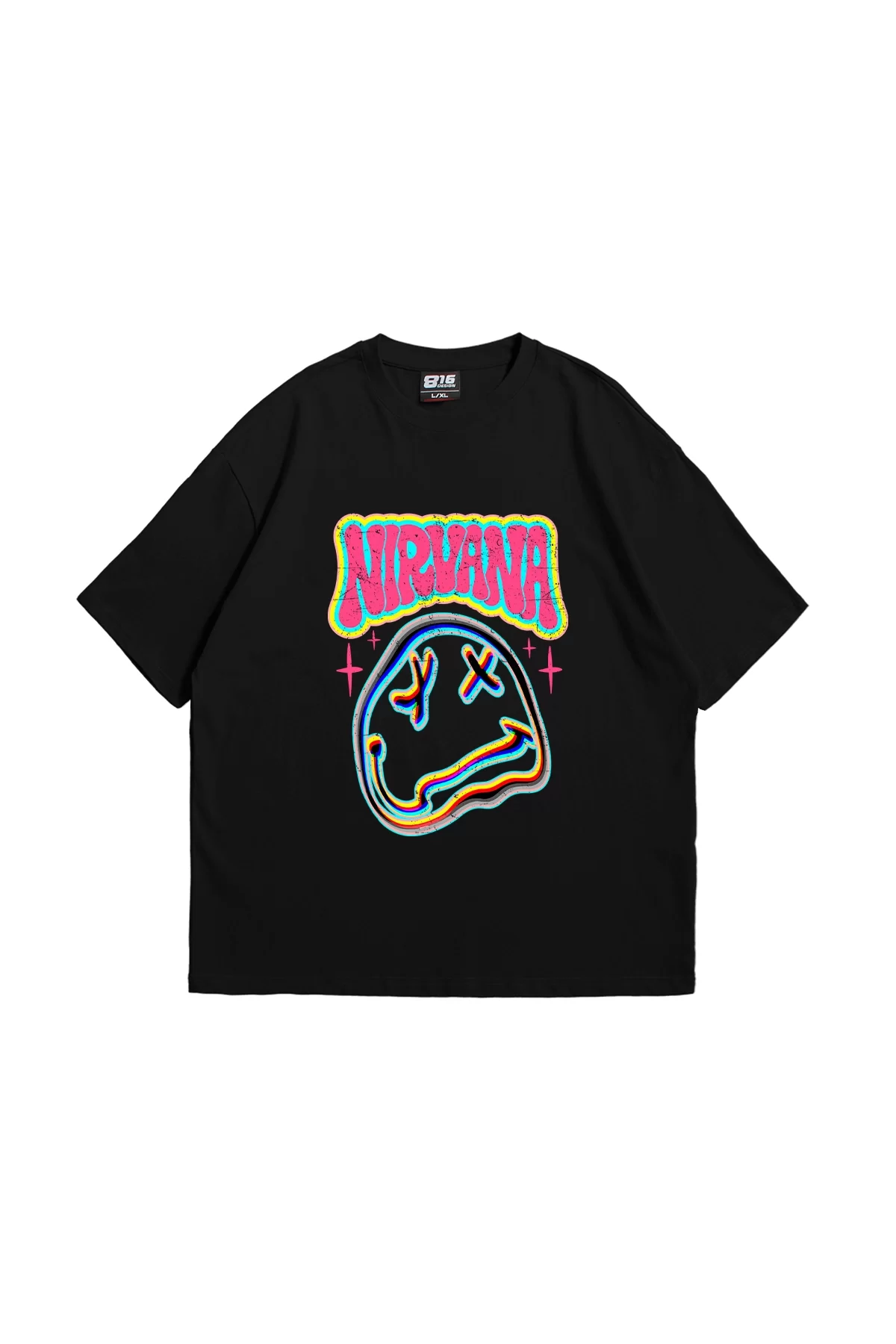 Nirvana Smile Baskılı Oversize Unisex Siyah Tshirt