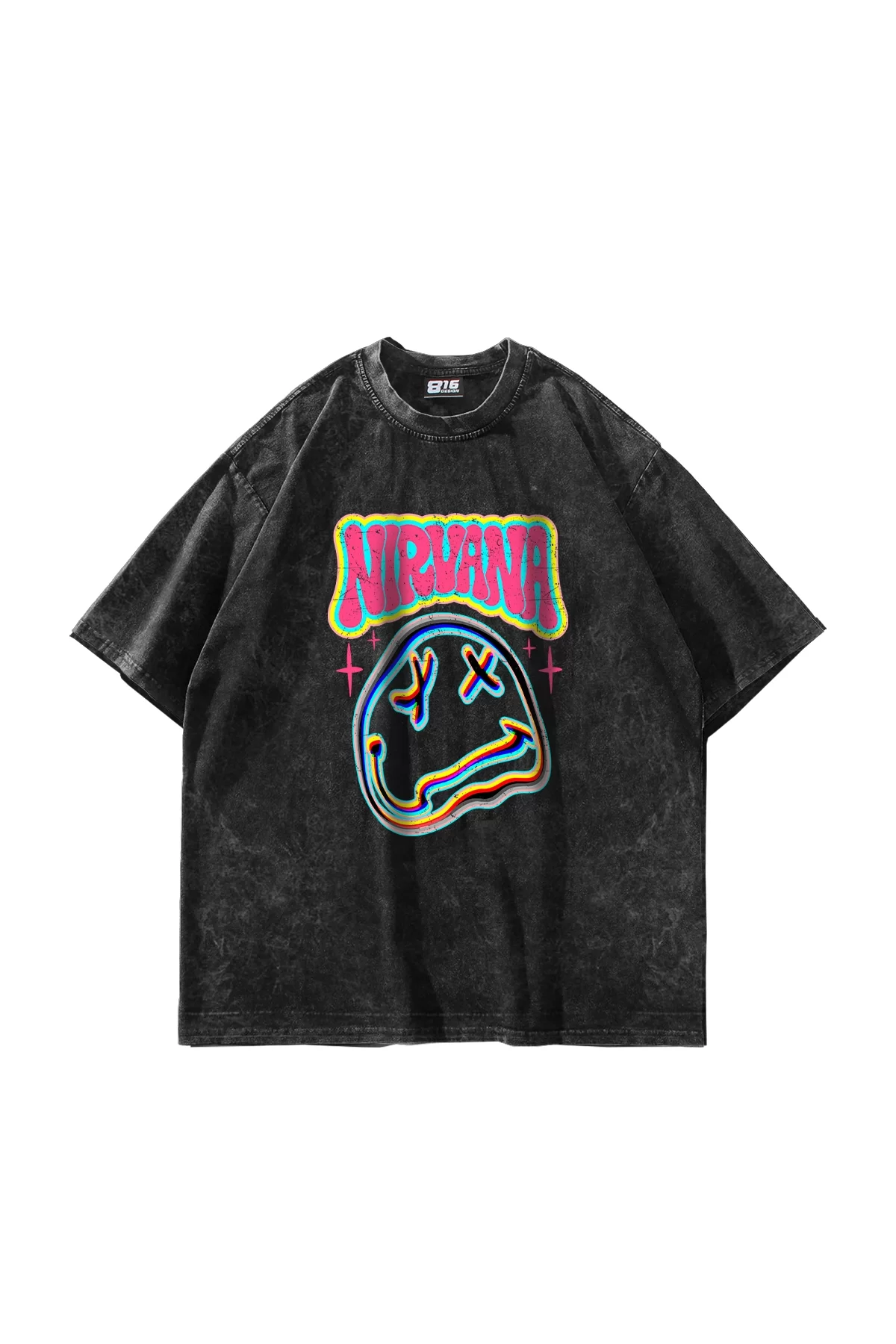 Nirvana Smile Baskılı Oversize Unisex Yıkamalı Siyah Tshirt