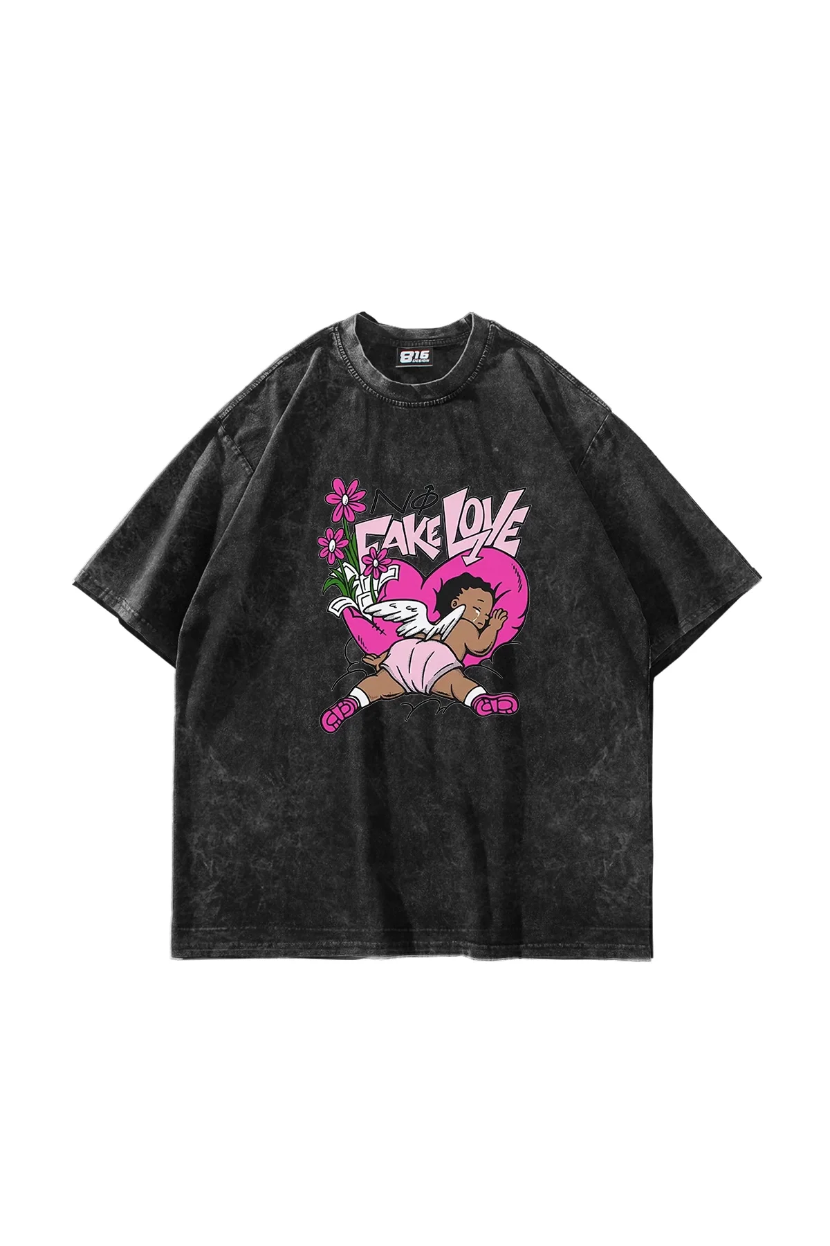 No Fake Love Baskılı Oversize Unisex Yıkamalı Siyah Tshirt